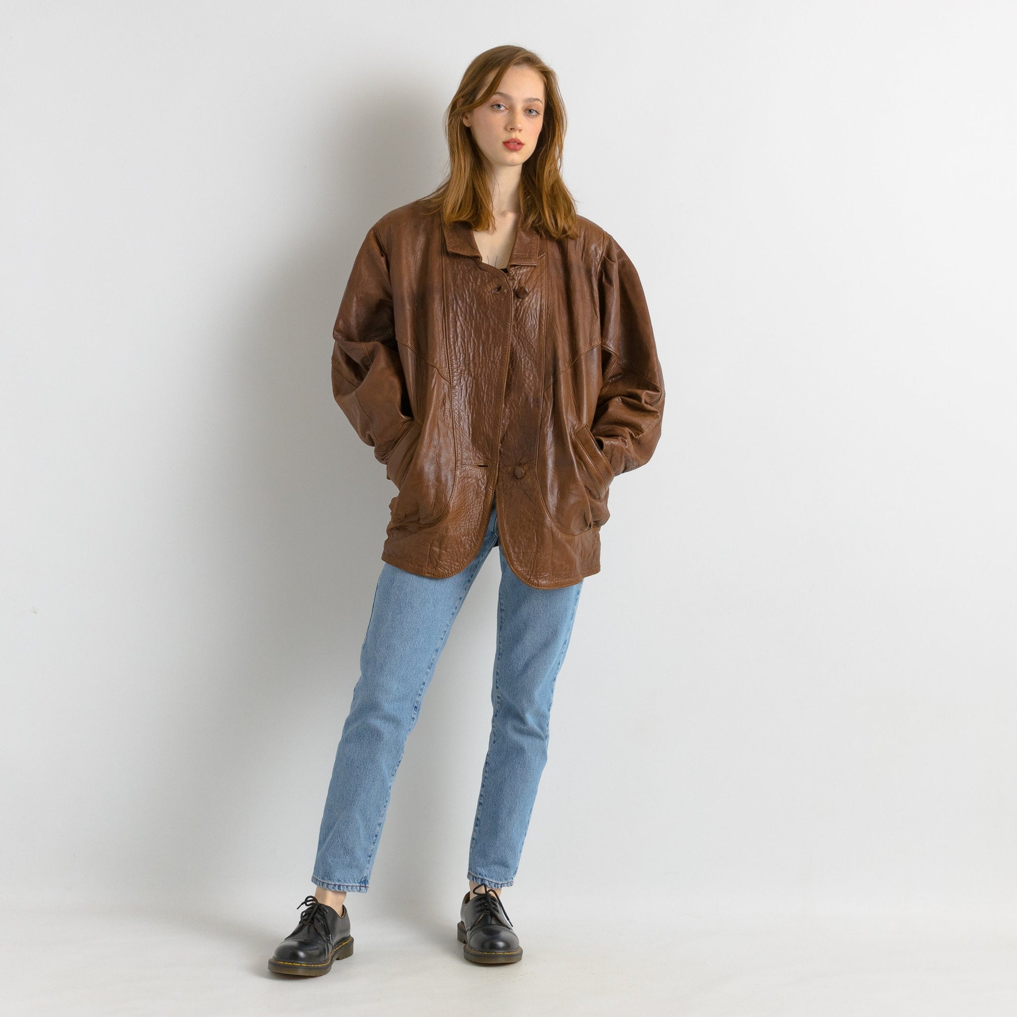 Women Leather Jacket 80s Leather Trench Coat Minimalist Leather Coat Longline Jacket Women Vintage Clothing Casual Outerwear Size M