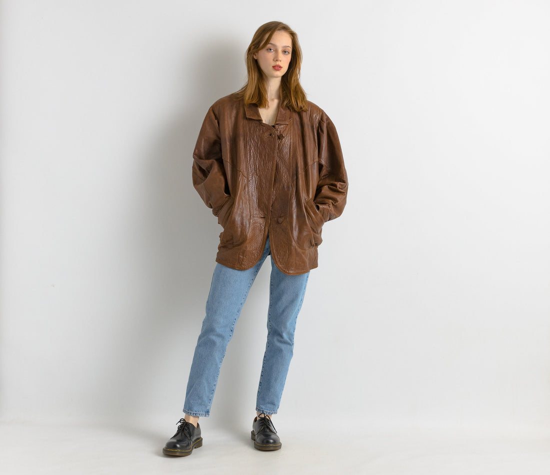 Women Leather Jacket 80s Leather Trench Coat Minimalist Leather Coat Longline Jacket Women Vintage Clothing Casual Outerwear Size M