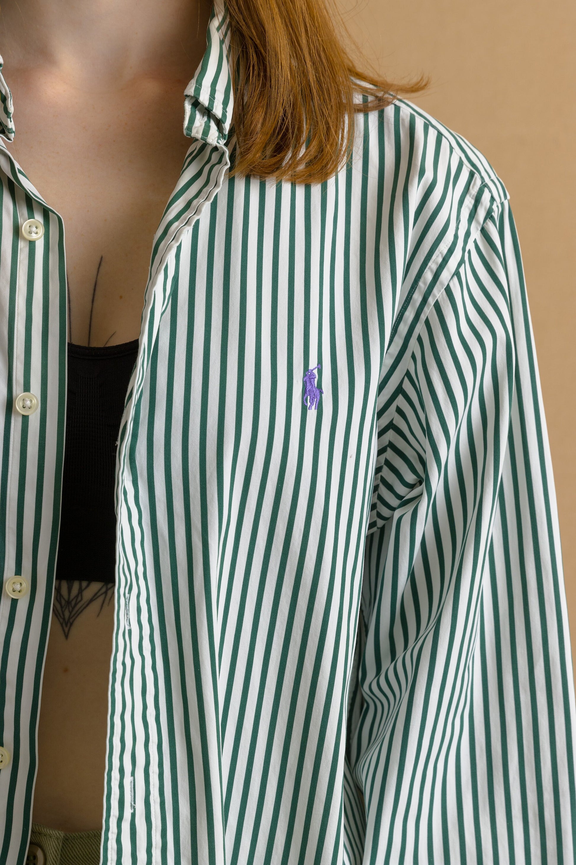 Vintage Ralph Lauren Striped Green Logo Long Sleeve Buttons Up Unisex Shirt/ Vintage Ralph Lauren Unisex Green Large Man Shirt