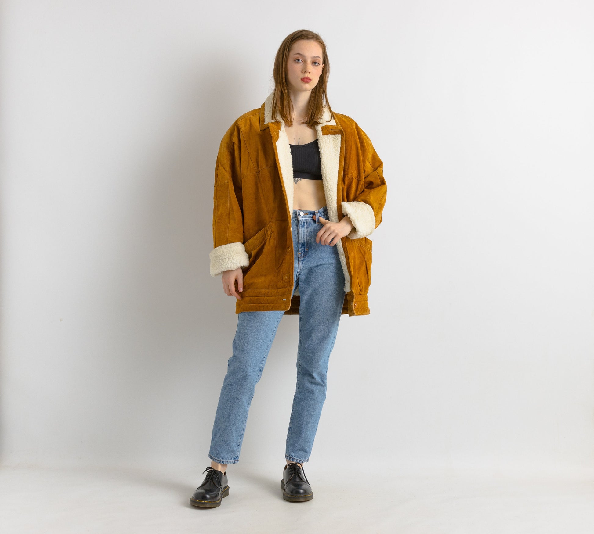 80s Vintage Suede Sheepskin Leather Sherpa Fastens Coat size Womens Large/Vintage Leather Sherpa Coat/Vintage Woman Winter Suede Coat