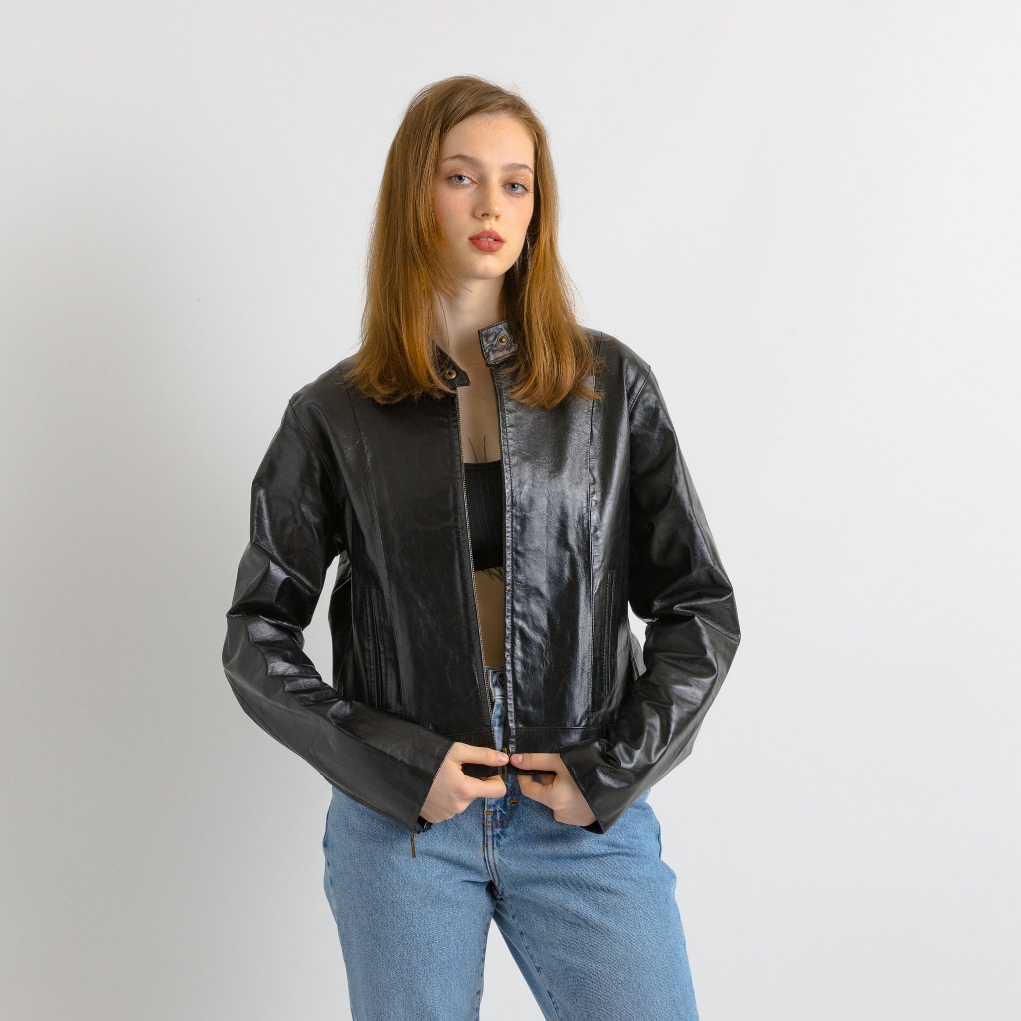 Black Leather Jacket women vintage 90s blazer jacket leather minimalist jacket grunge jacket casual wear women clothing size small S