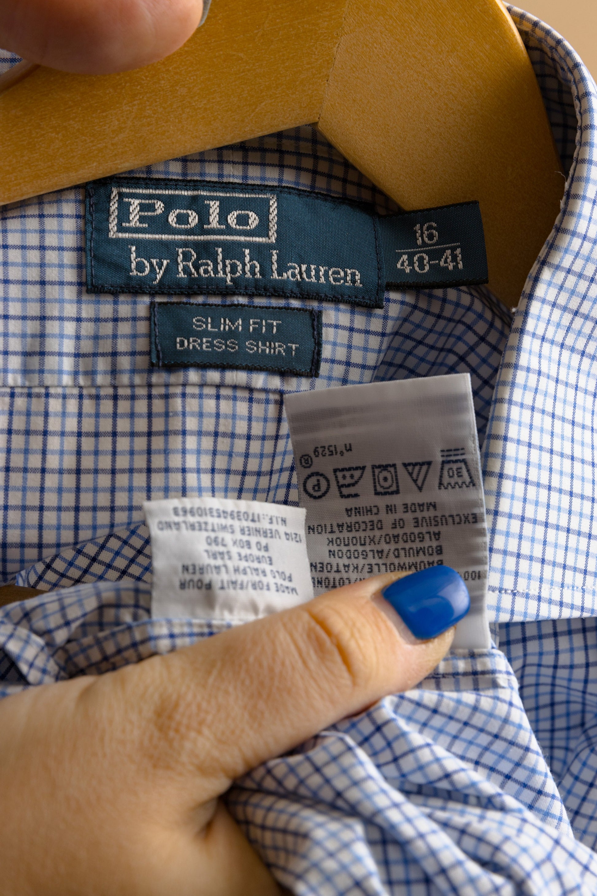 Vintage Ralph Lauren Checked Cotton Logo Long Sleeve Buttons Up Unisex Shirt/ Vintage Ralph Lauren Unisex Blue Medium Man Shirt