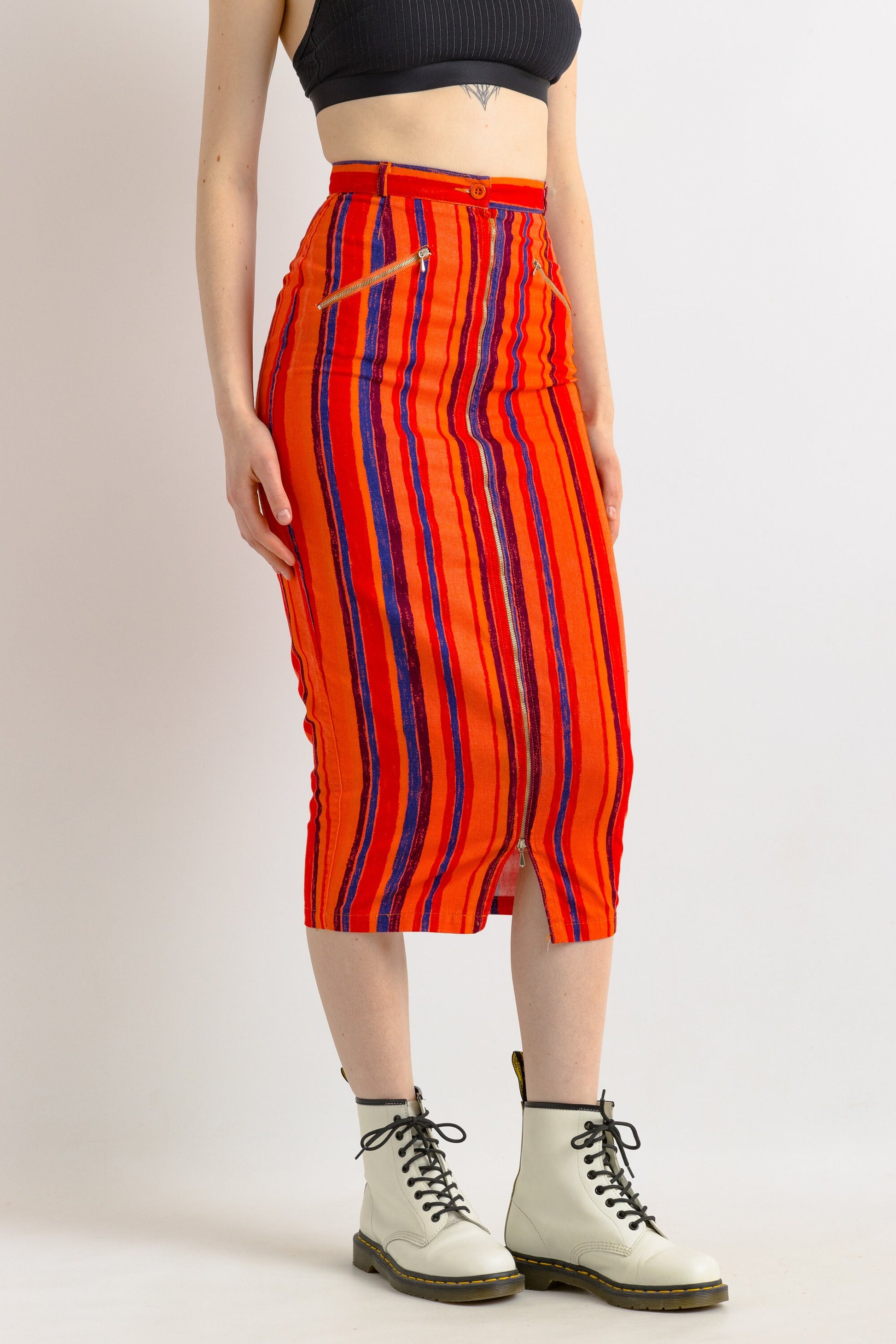 Vintage 80s cotton striped skirt, Vintage pencil cotton skirt, 80s high waist rainbow skirt, Summer 80s clothing women, Size S