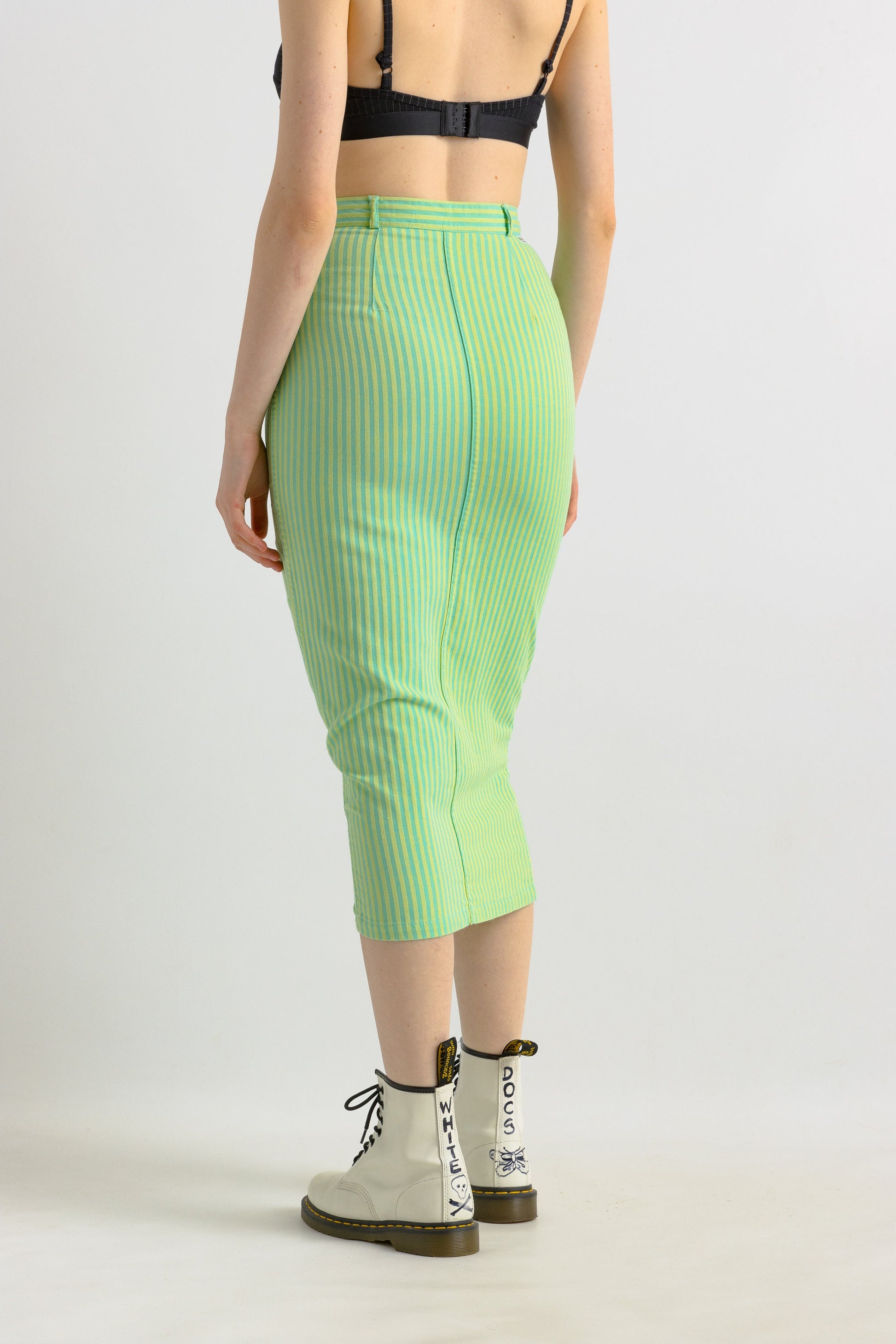 Vintage 80s cotton striped skirt, Vintage pencil cotton skirt, 80s high waist green skirt, Summer 80s clothing women, Size S