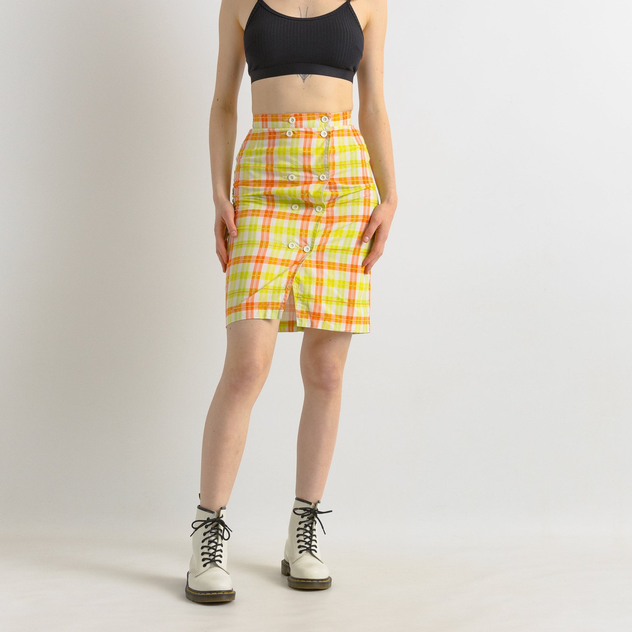 Vintage 80s cotton checked skirt, Vintage pencil cotton skirt, 80s high waist rainbow skirt, Summer 80s clothing women, Size S