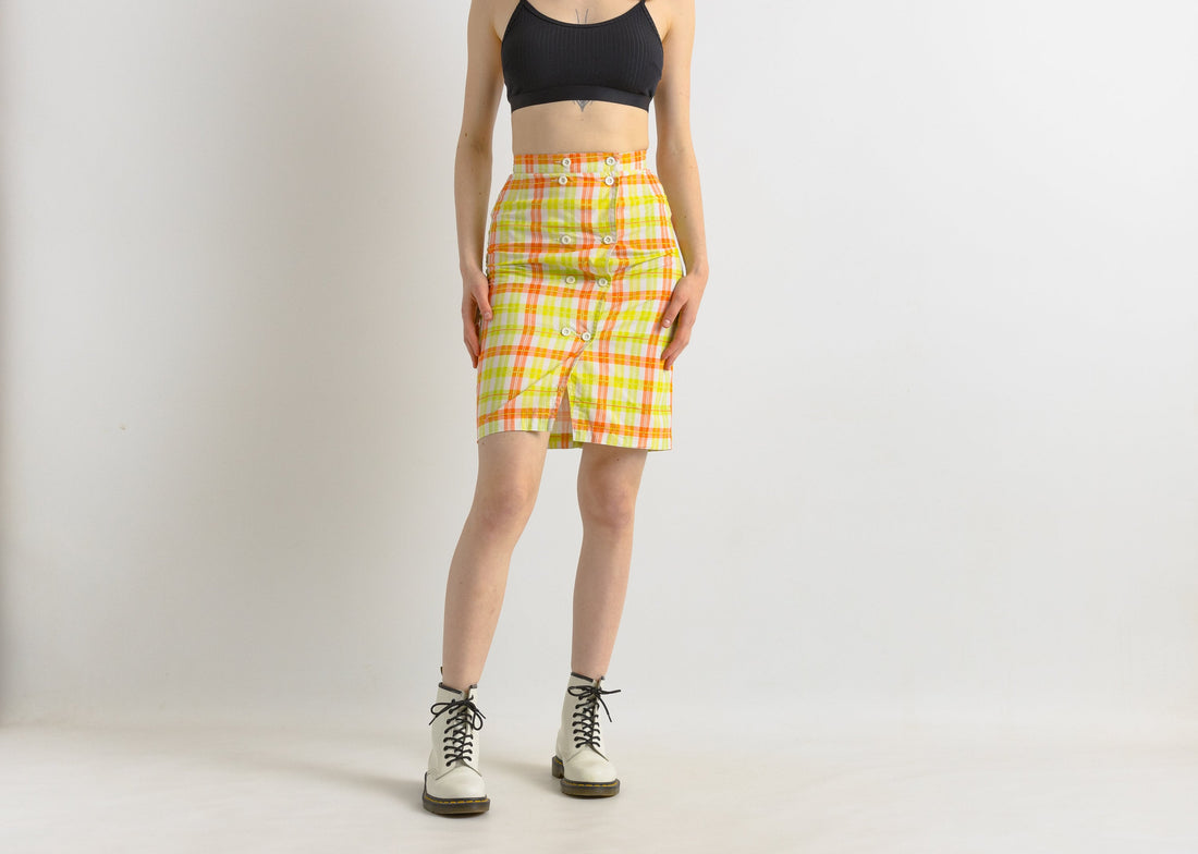 Vintage 80s cotton checked skirt, Vintage pencil cotton skirt, 80s high waist rainbow skirt, Summer 80s clothing women, Size S