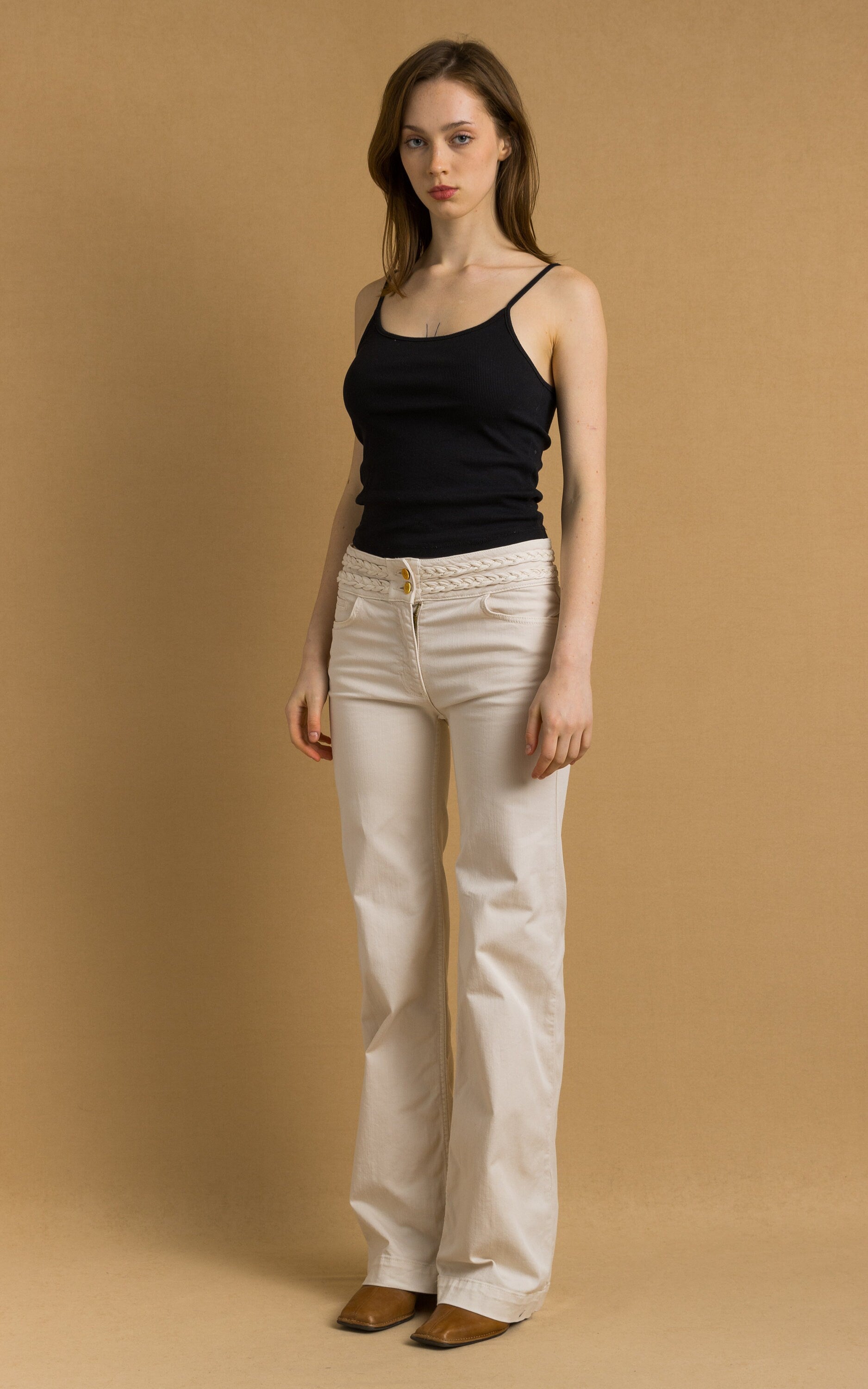 00s Used French Mid Waisted Cotton Flare Woman Trousers in Beige size 38