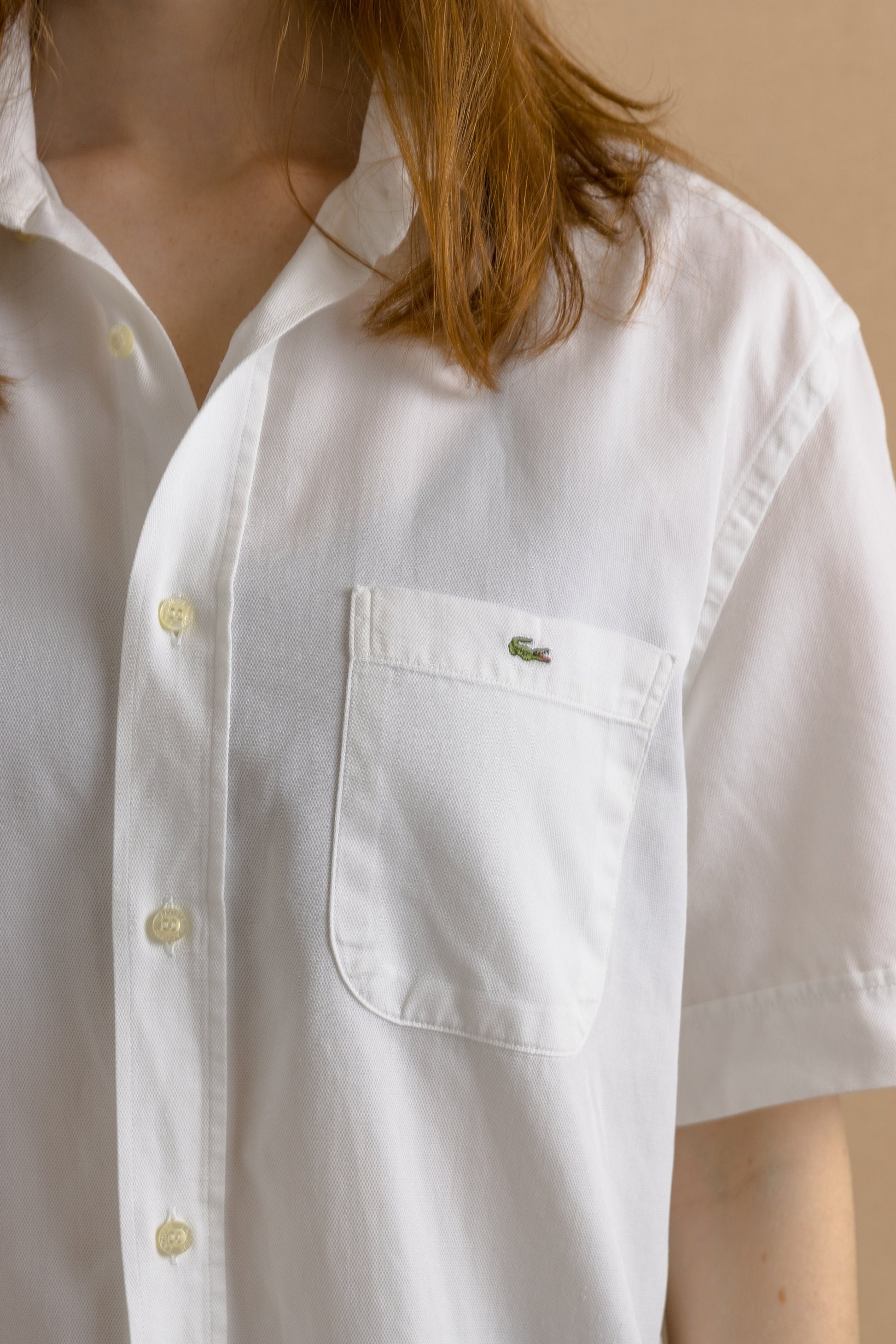 Vintage Lacoste White Cotton Logo Short Sleeve Buttons Up Unisex Shirt/ Vintage Lacoste Unisex White Small Man Shirt