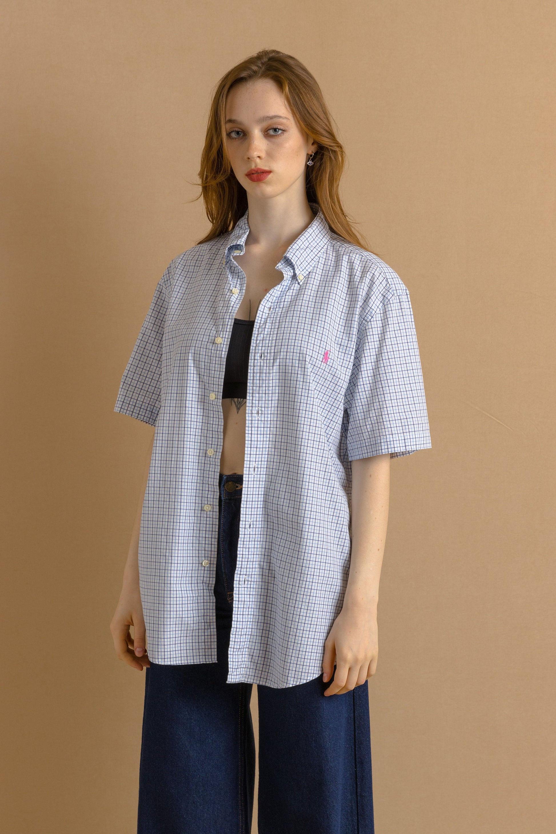 Vintage Ralph Lauren Checked Cotton Logo Short Sleeve Buttons Up Unisex Shirt/ Vintage Ralph Lauren Unisex Blue Medium Man Shirt