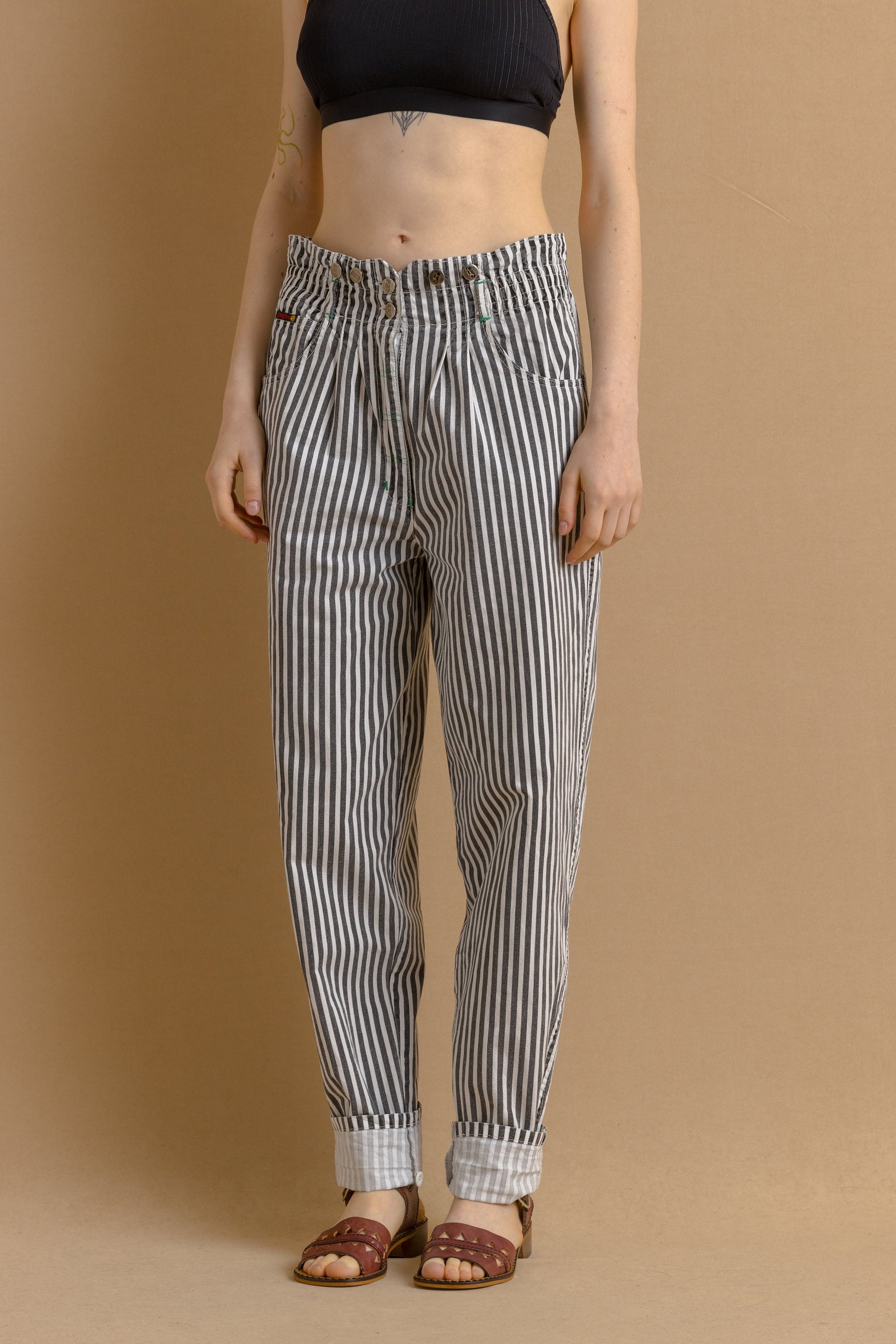 80s Vintage Striped Tapered Cotton High Waisted Woman Summer High Waisted Moms Trousers fits size Small