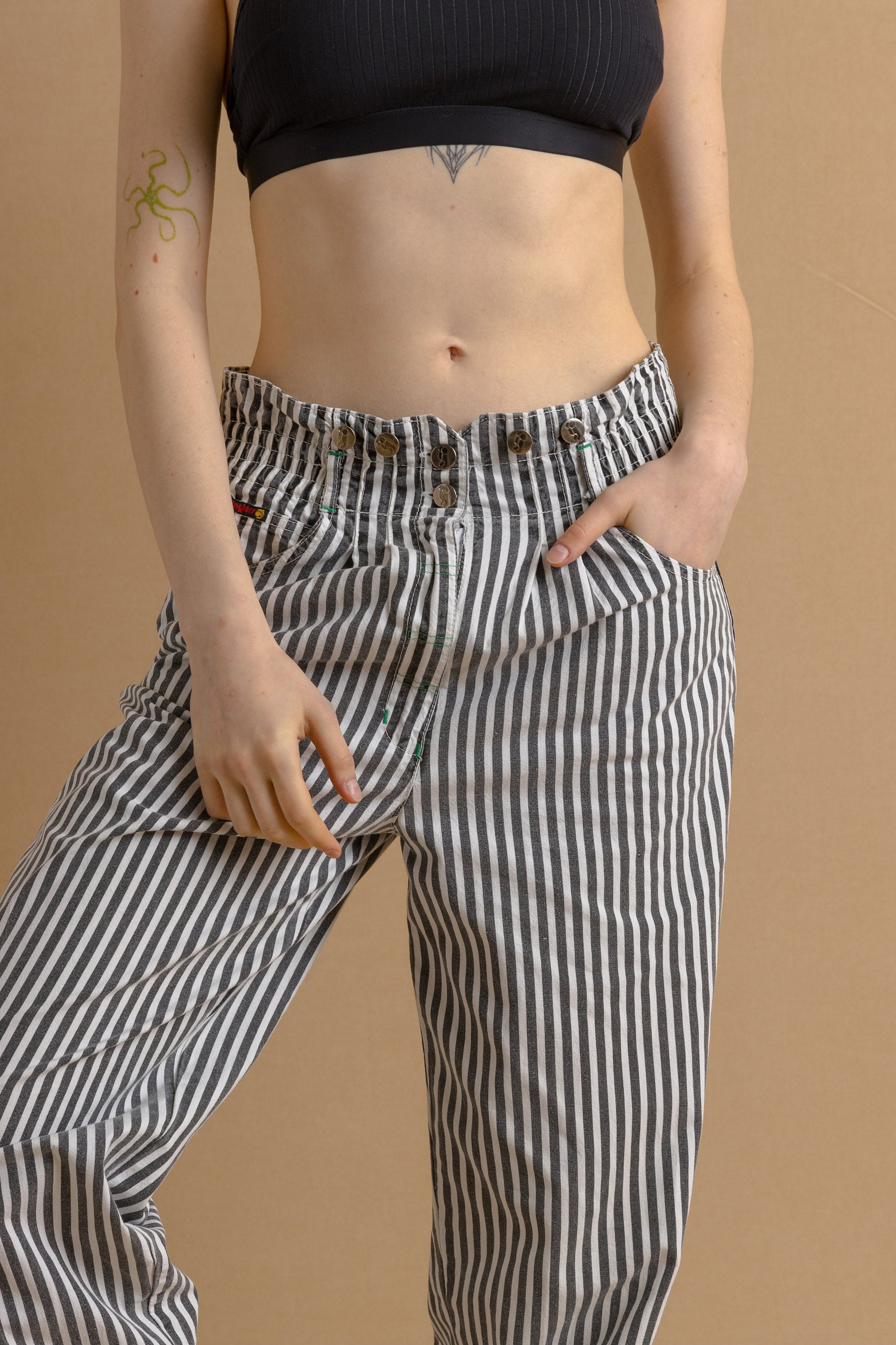 80s Vintage Striped Tapered Cotton High Waisted Woman Summer High Waisted Moms Trousers fits size Small