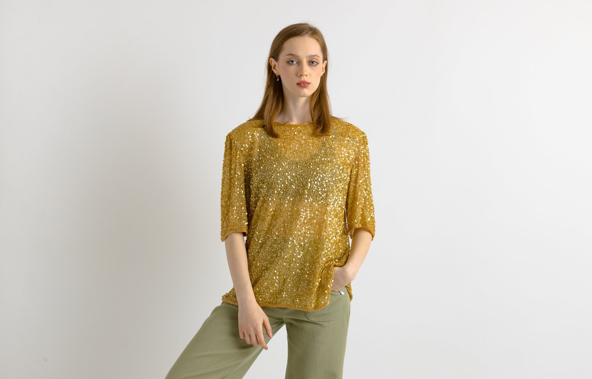 1980s sequins Gold Tunic / Woman gold sequins top/ Evening clothing size Medium