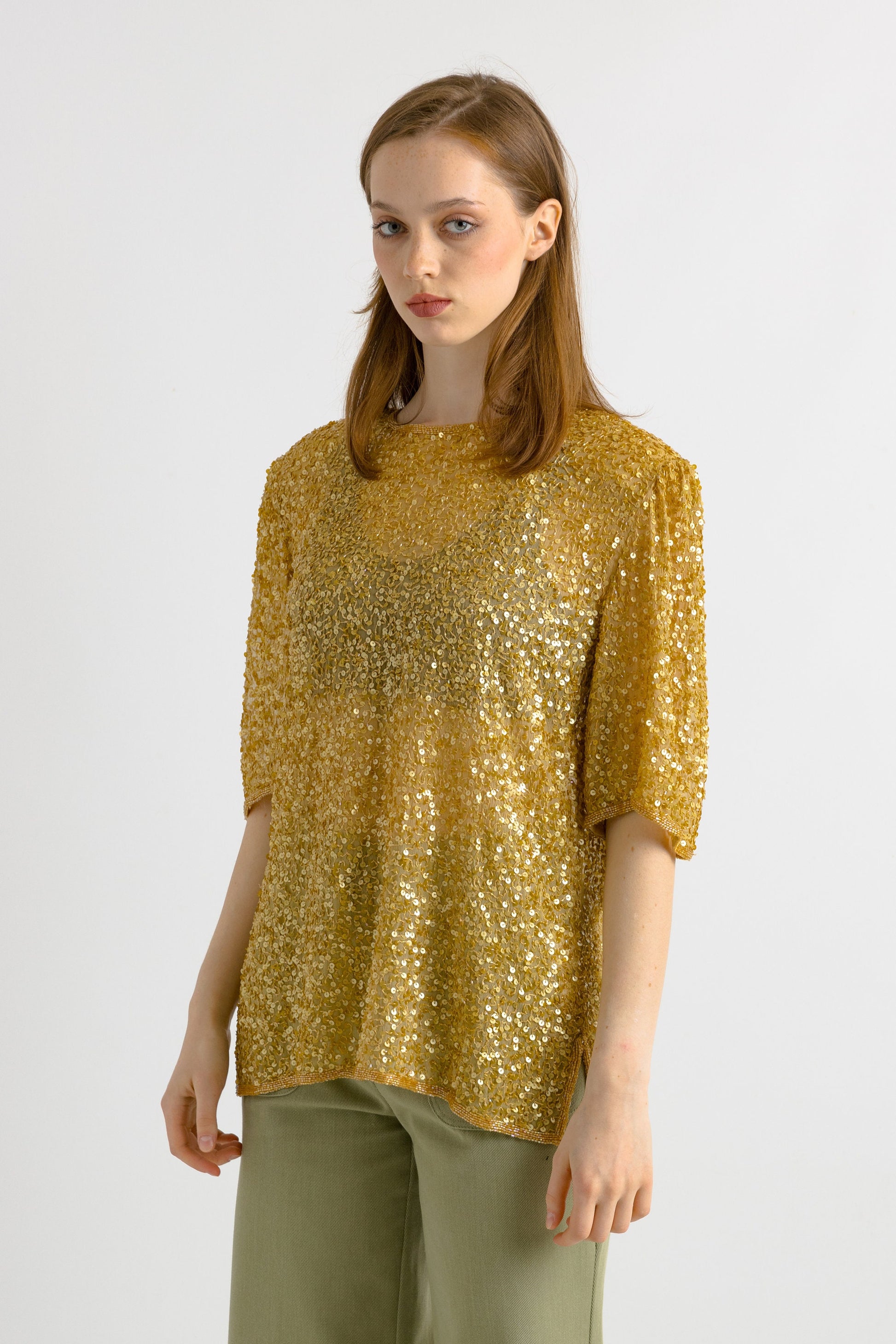 1980s sequins Gold Tunic / Woman gold sequins top/ Evening clothing size Medium