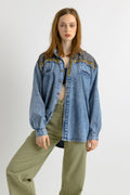 Blue Denim SHIRT Vintage jean button down up 1990's hipster grunge oversized Long sleeve woman 40 size Medium