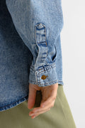 Blue Denim SHIRT Vintage jean button down up 1990's hipster grunge oversized Long sleeve woman 40 size Medium