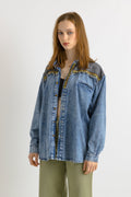 Blue Denim SHIRT Vintage jean button down up 1990's hipster grunge oversized Long sleeve woman 40 size Medium