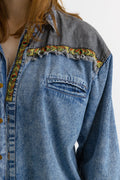 Blue Denim SHIRT Vintage jean button down up 1990's hipster grunge oversized Long sleeve woman 40 size Medium