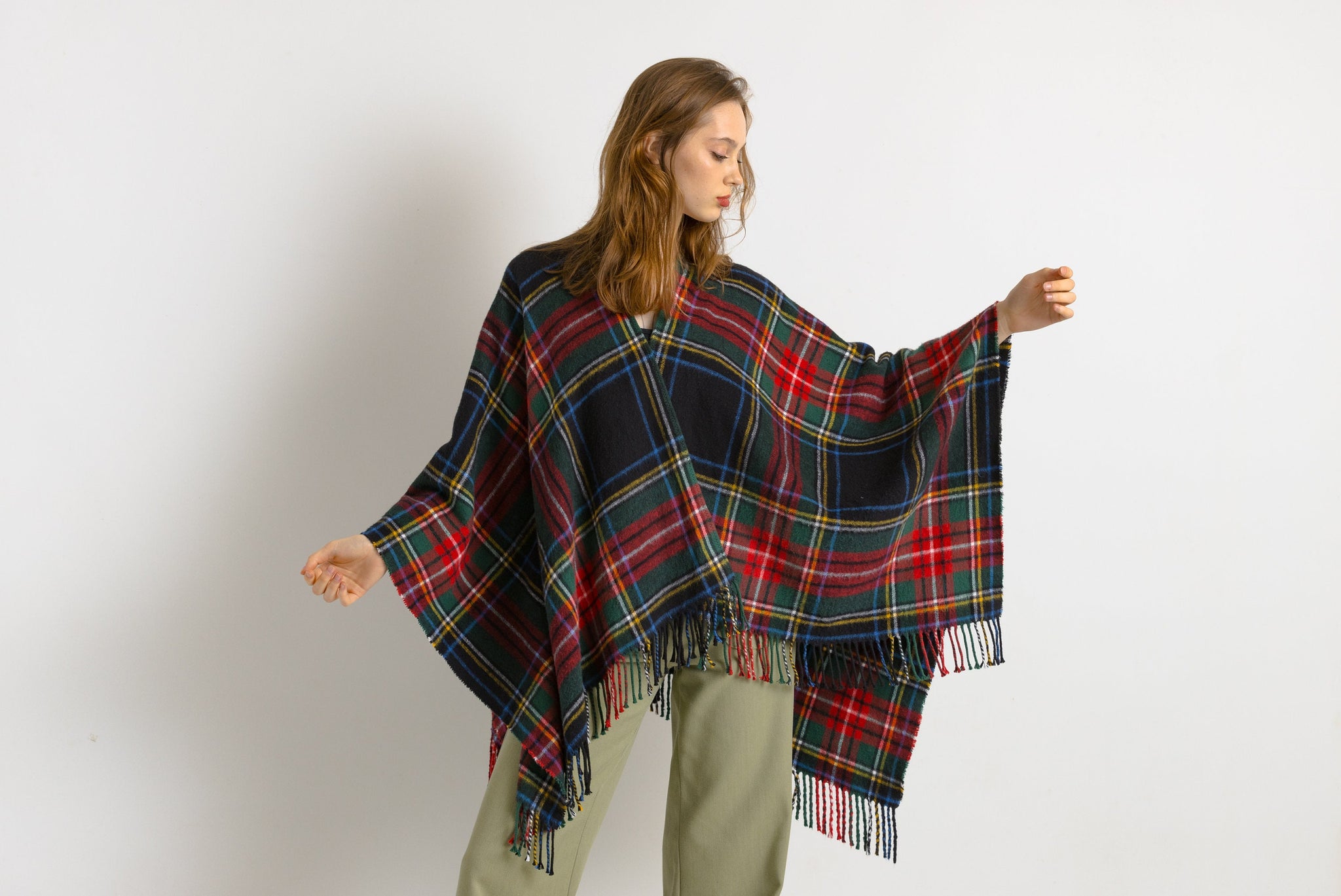 Pre Loved Maje Checked Poncho Scarf in Multicolor Soft Cotton - Scarves & Shawls