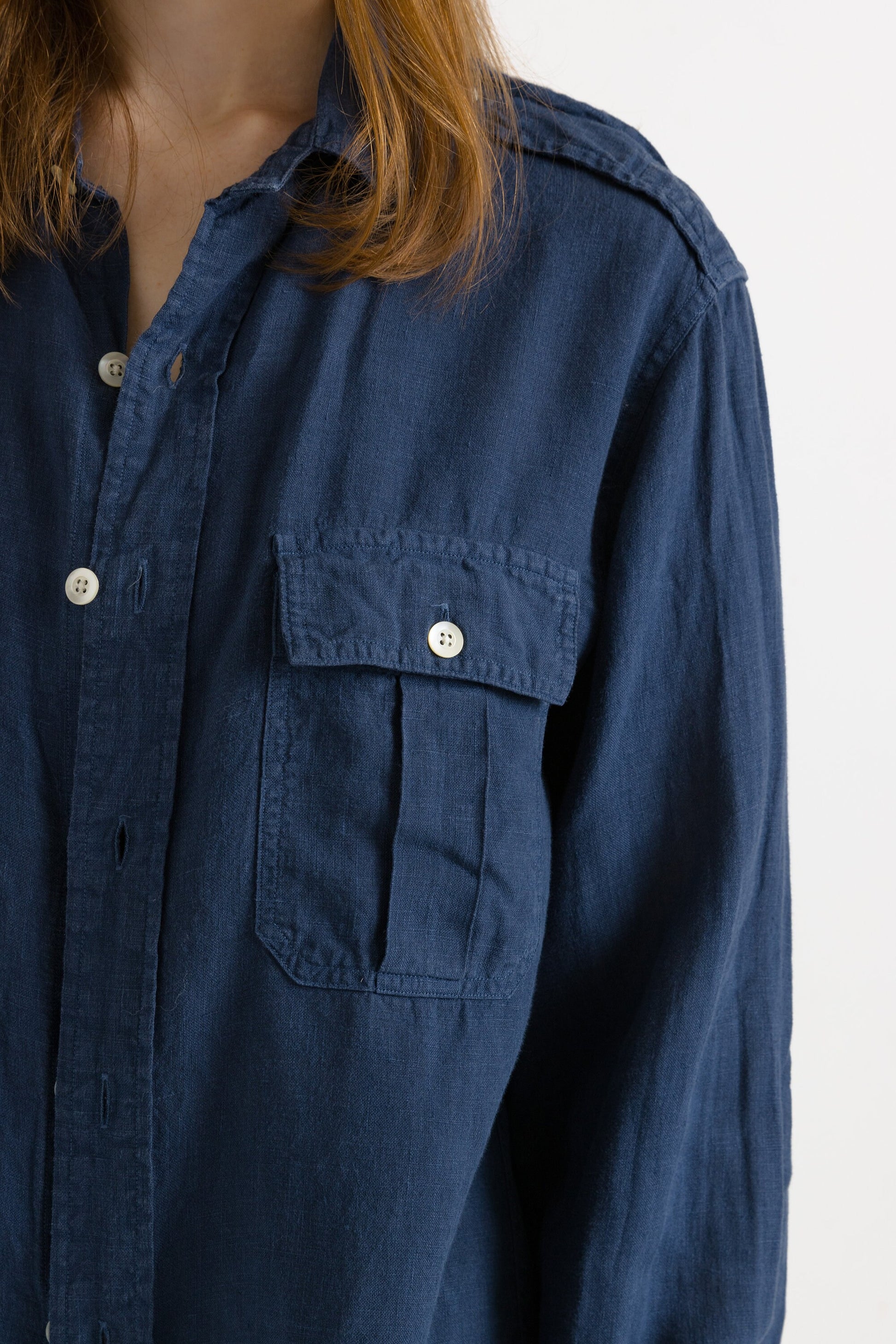 Vintage Ralph Lauren Blue Linen Logo Long Sleeve Buttons Up Unisex Shirt/ Vintage Ralph Lauren Unisex Blue Medium Man Shirt