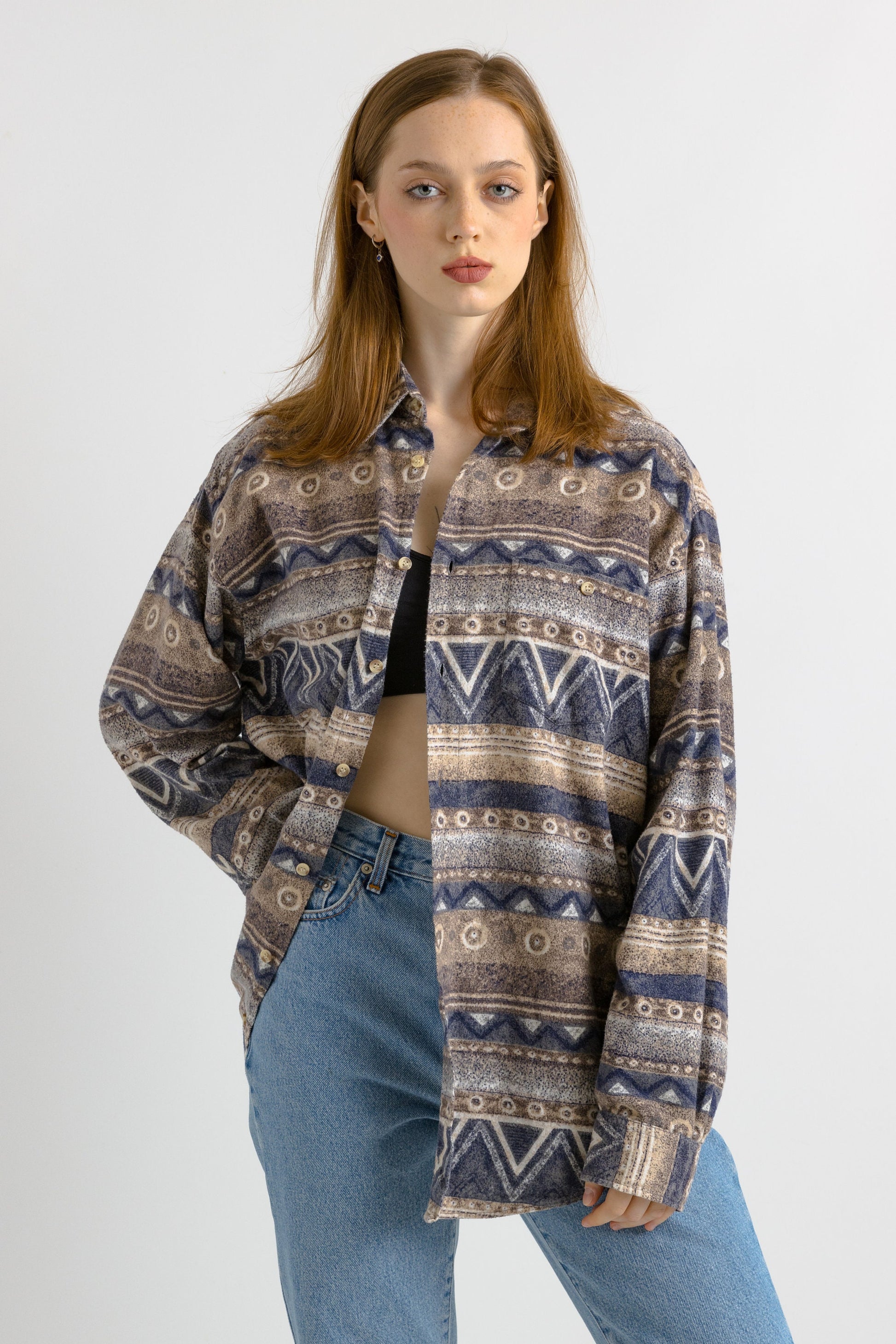 80s Vintage Cotton Aztec Abstract Pattern Unisex Fabric Long Sleeve in Pattern Shirt Buttons Up Blouse size Men's L Large