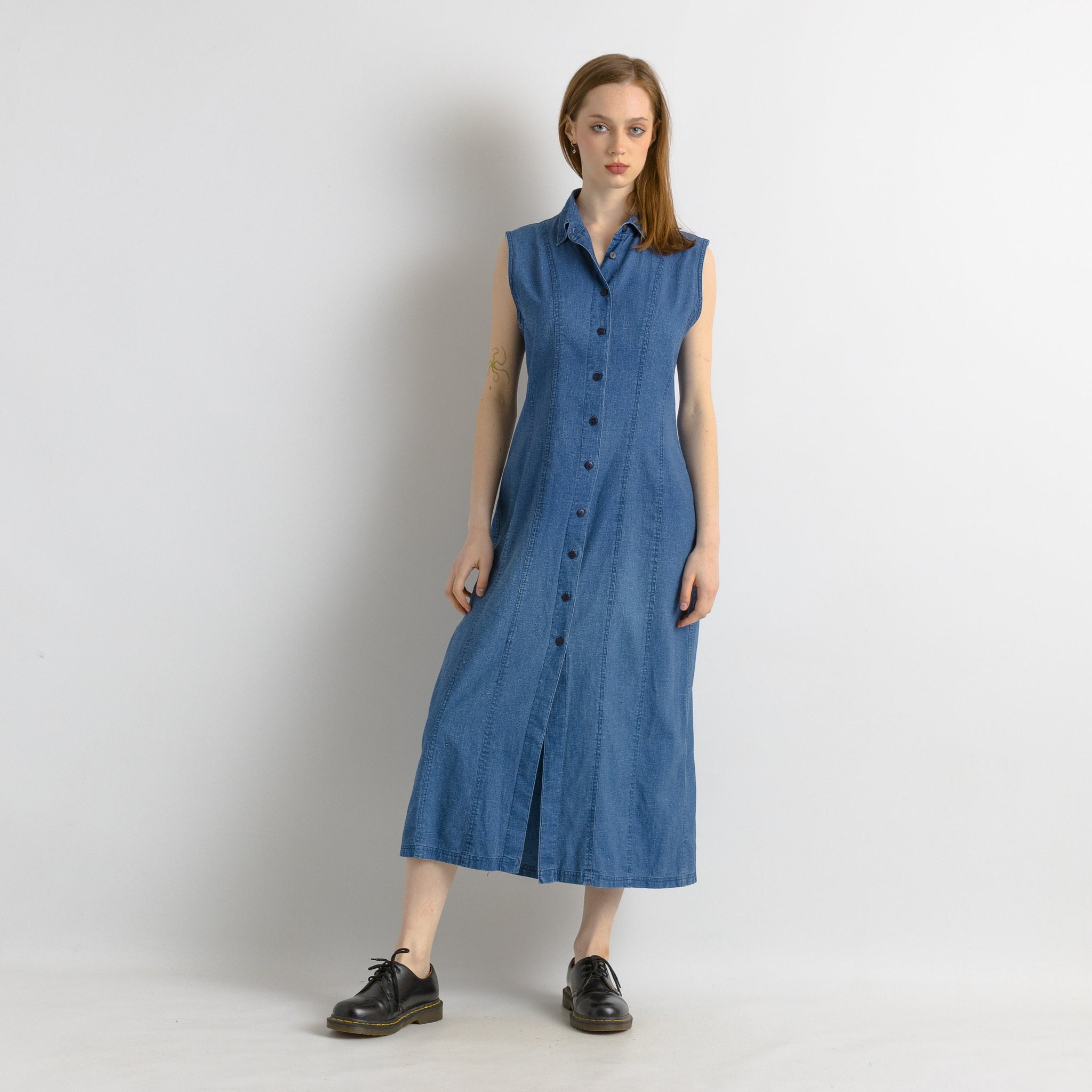 80s Vintage Denim Buttons Up A Line Midi Length Dress size L Large/ Vintage Summer Maxi Grunge Dress/ Maxi Blue Dress