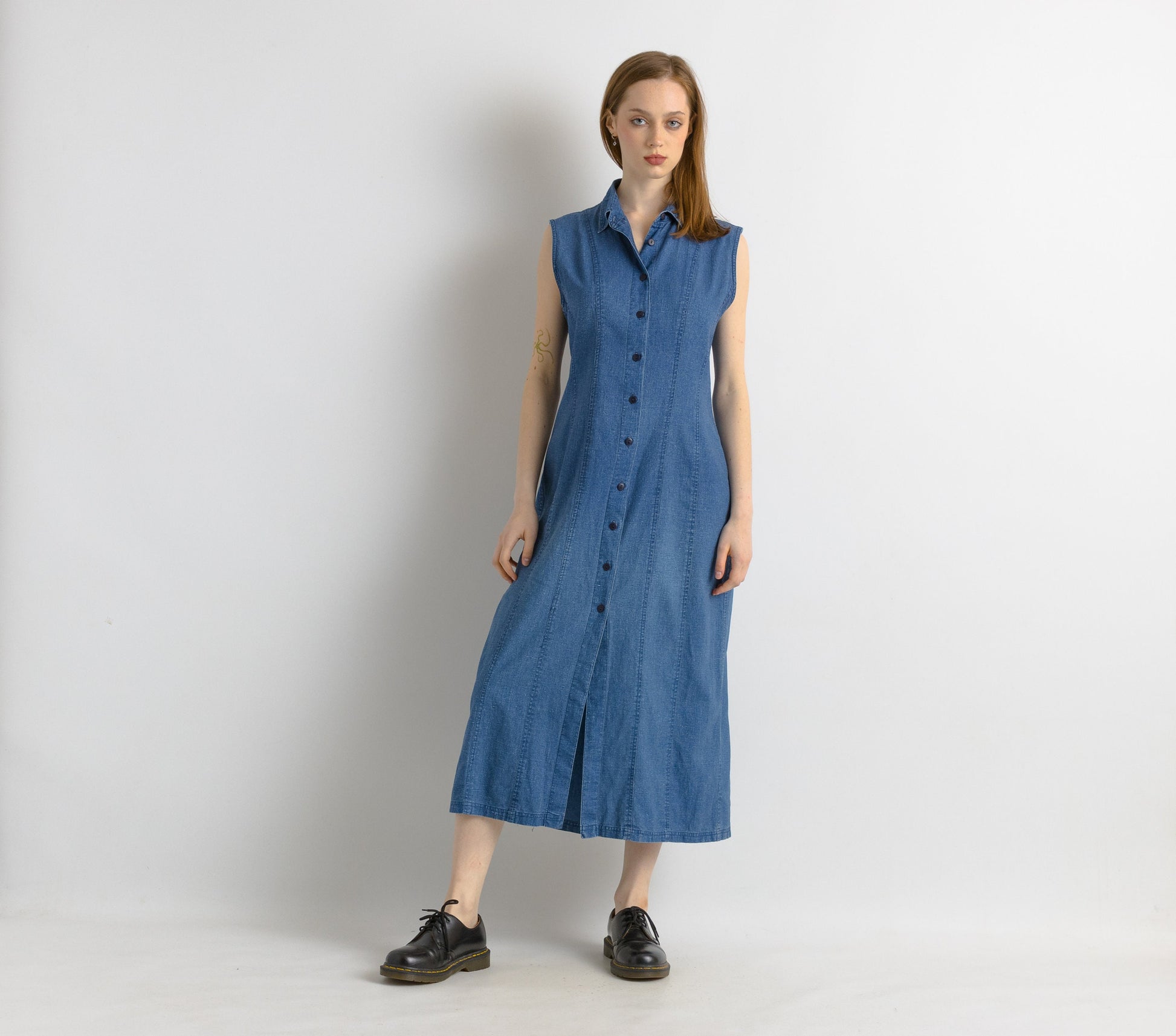 80s Vintage Denim Buttons Up A Line Midi Length Dress size L Large/ Vintage Summer Maxi Grunge Dress/ Maxi Blue Dress