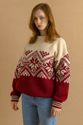 80s Vintage Nepal Handknitted Wool Sweater Knitwear Beige Ornament Handmade Woman Medium Size Pullover