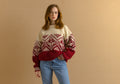 80s Vintage Nepal Handknitted Wool Sweater Knitwear Beige Ornament Handmade Woman Medium Size Pullover