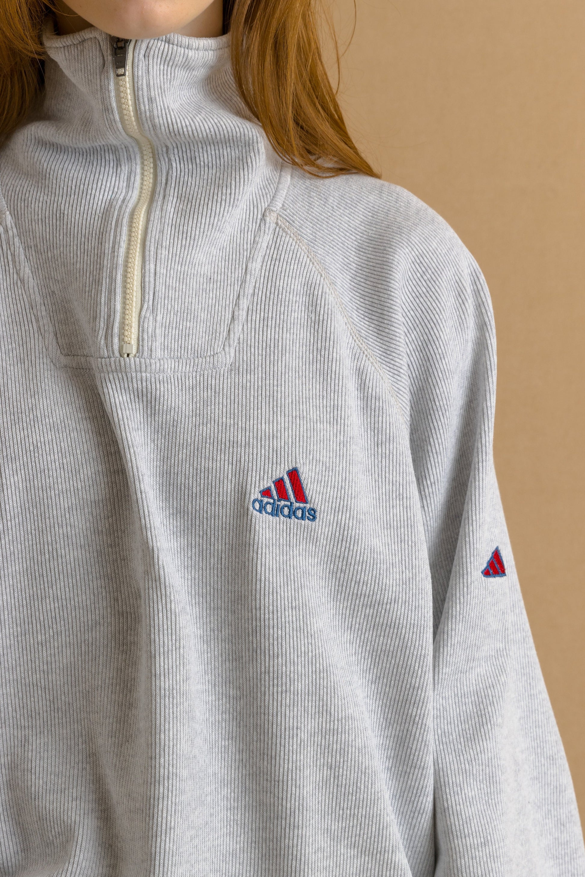 Vintage 90's Adidas 1/4 Zip Logo Gray Unisex Mens Print Sweatshirt size Large Rave Clothing Print TurtleNeck Jumper