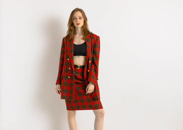 80s Vintage All in One Woman Red Checked Suit High Waisted Skirt and Long Sleeves Blazer size Small Medium/ Vintage Woman Clothing