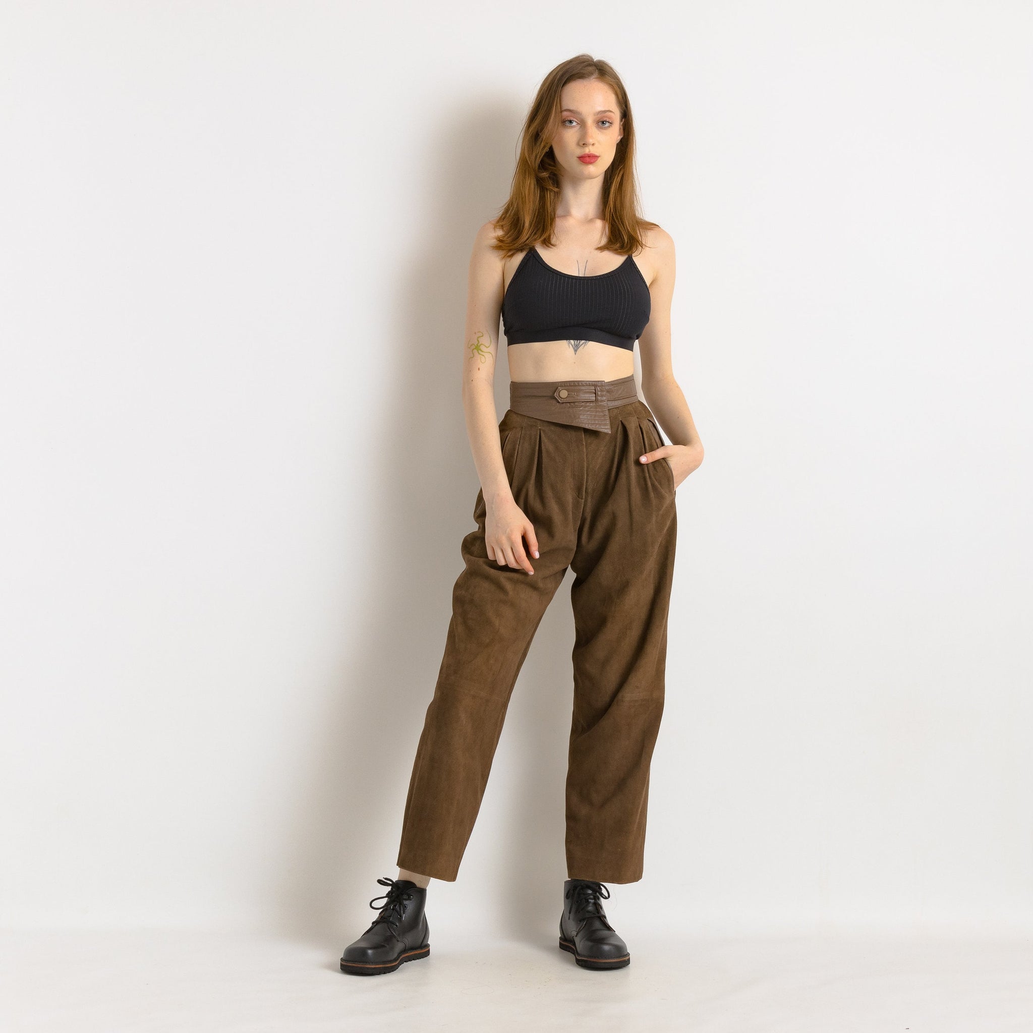 80s Vintage High Waisted Leather Woman Pants size Medium/ Vintage woman leather brown trousers/ vintage woman clothing/ vintage woman