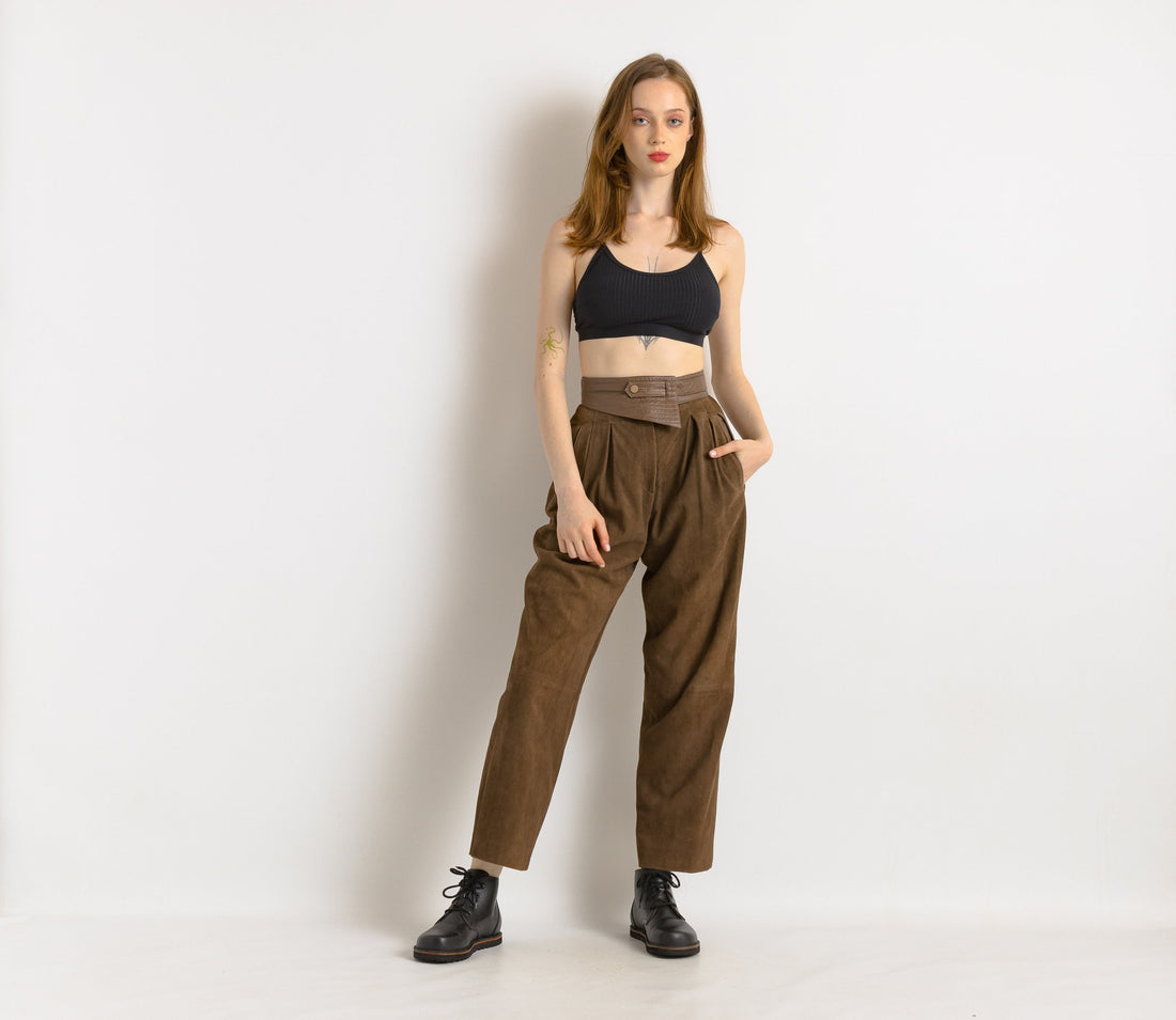 80s Vintage High Waisted Leather Woman Pants size Medium/ Vintage woman leather brown trousers/ vintage woman clothing/ vintage woman