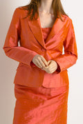 90s Vintage All in One Woman Orange Silk Mini Dress and Long Sleeves Blazer Jacket size S Small/ Vintage Woman Clothing