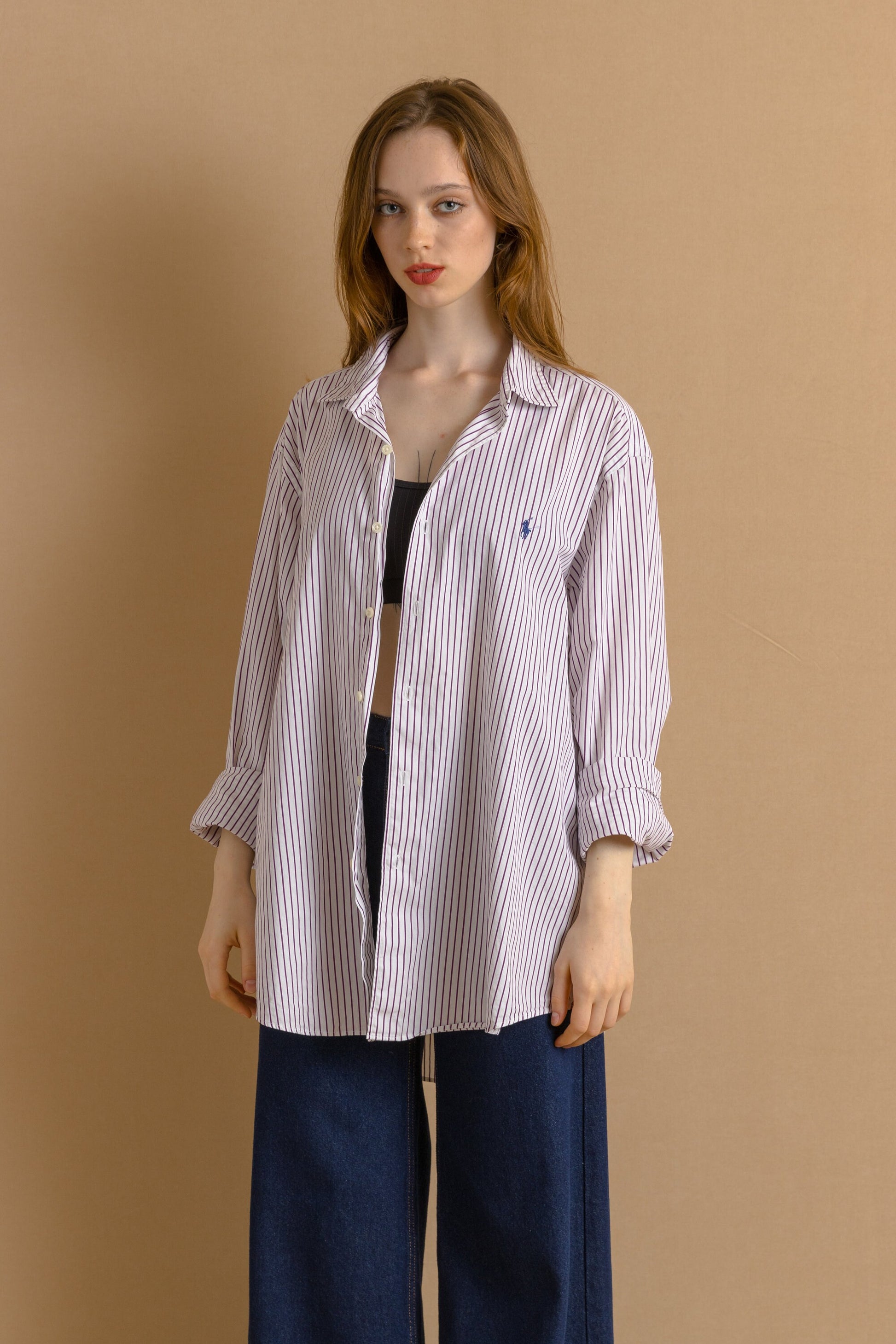 Vintage Ralph Lauren Striped Cotton Logo Long Sleeve Buttons Up Unisex Shirt/ Vintage Ralph Lauren Unisex Purple Xlarge Man Shirt