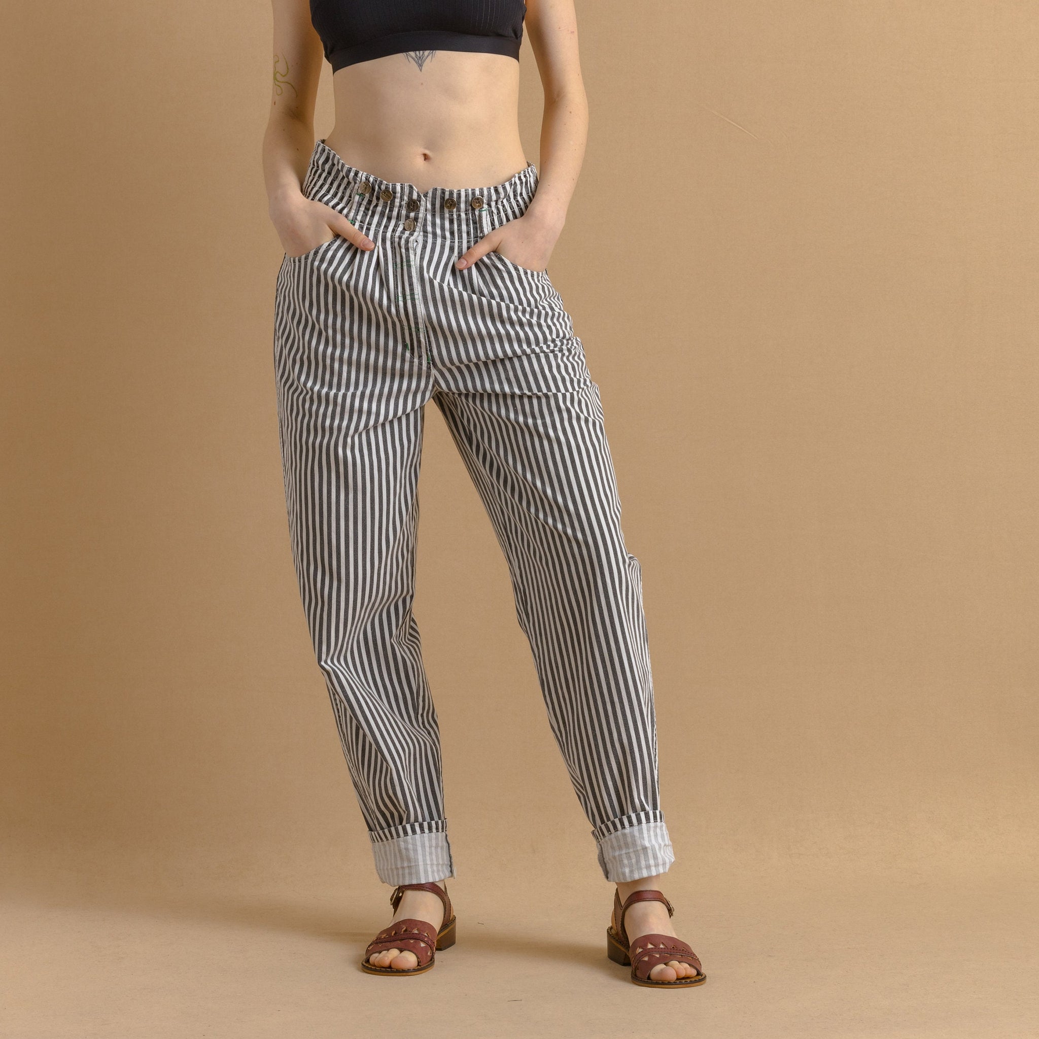 80s Vintage Striped Tapered Cotton High Waisted Woman Summer High Waisted Moms Trousers fits size Small