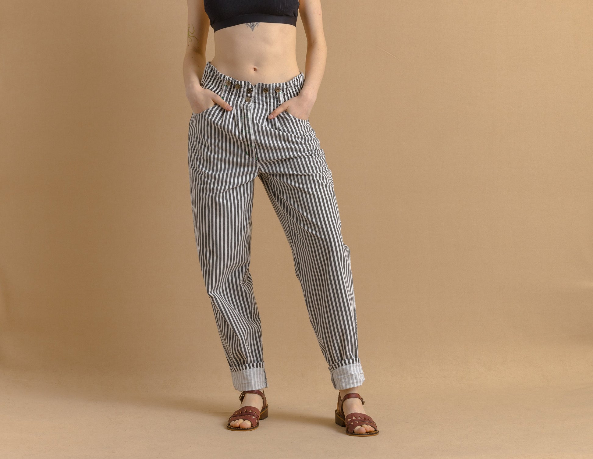 80s Vintage Striped Tapered Cotton High Waisted Woman Summer High Waisted Moms Trousers fits size Small