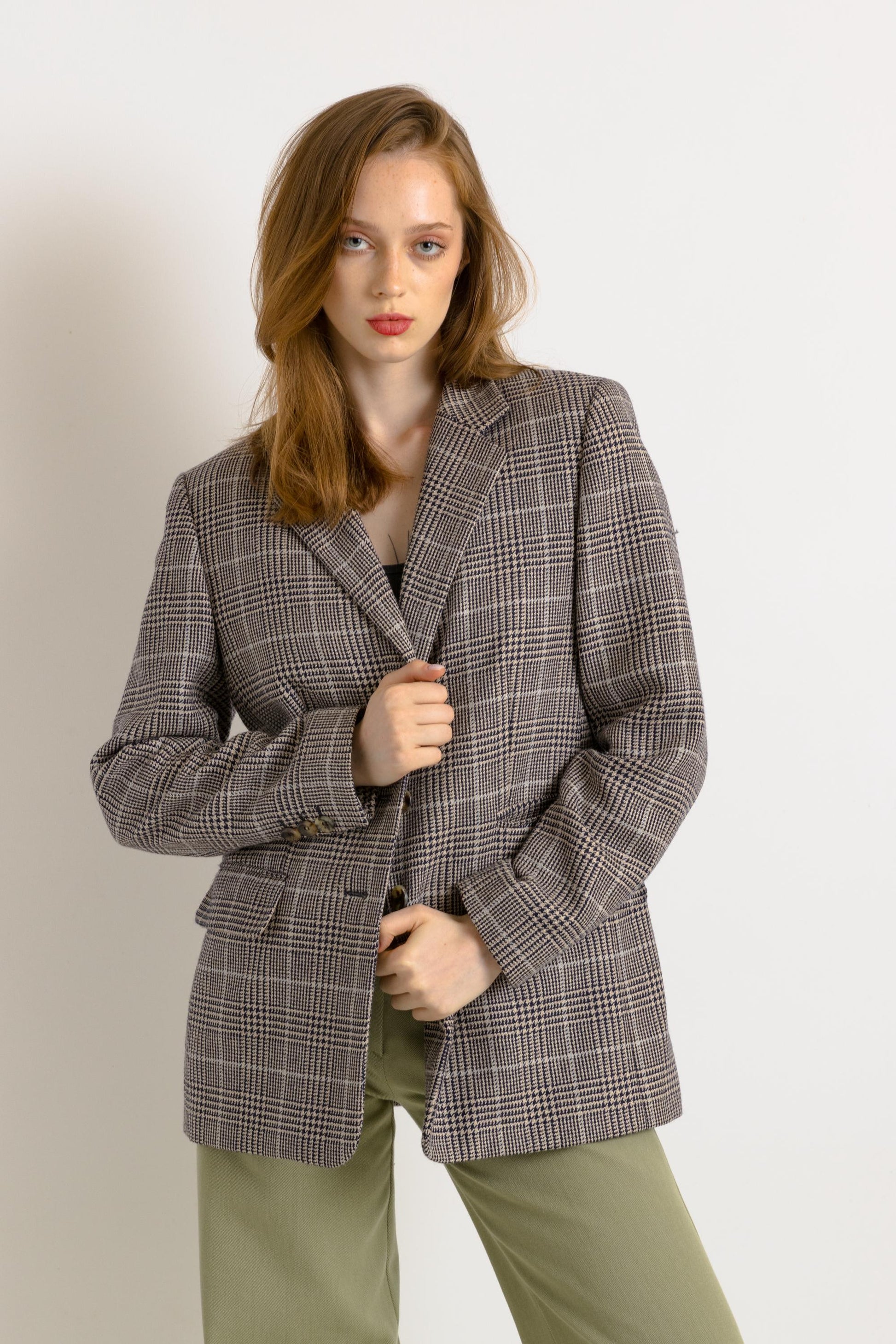 80s Vintage ESCADA Sport Checked Wool Schurwool Blazer Lined Buttons Up Long Sleeve Jacket. Vintage Woman Wool Blazer