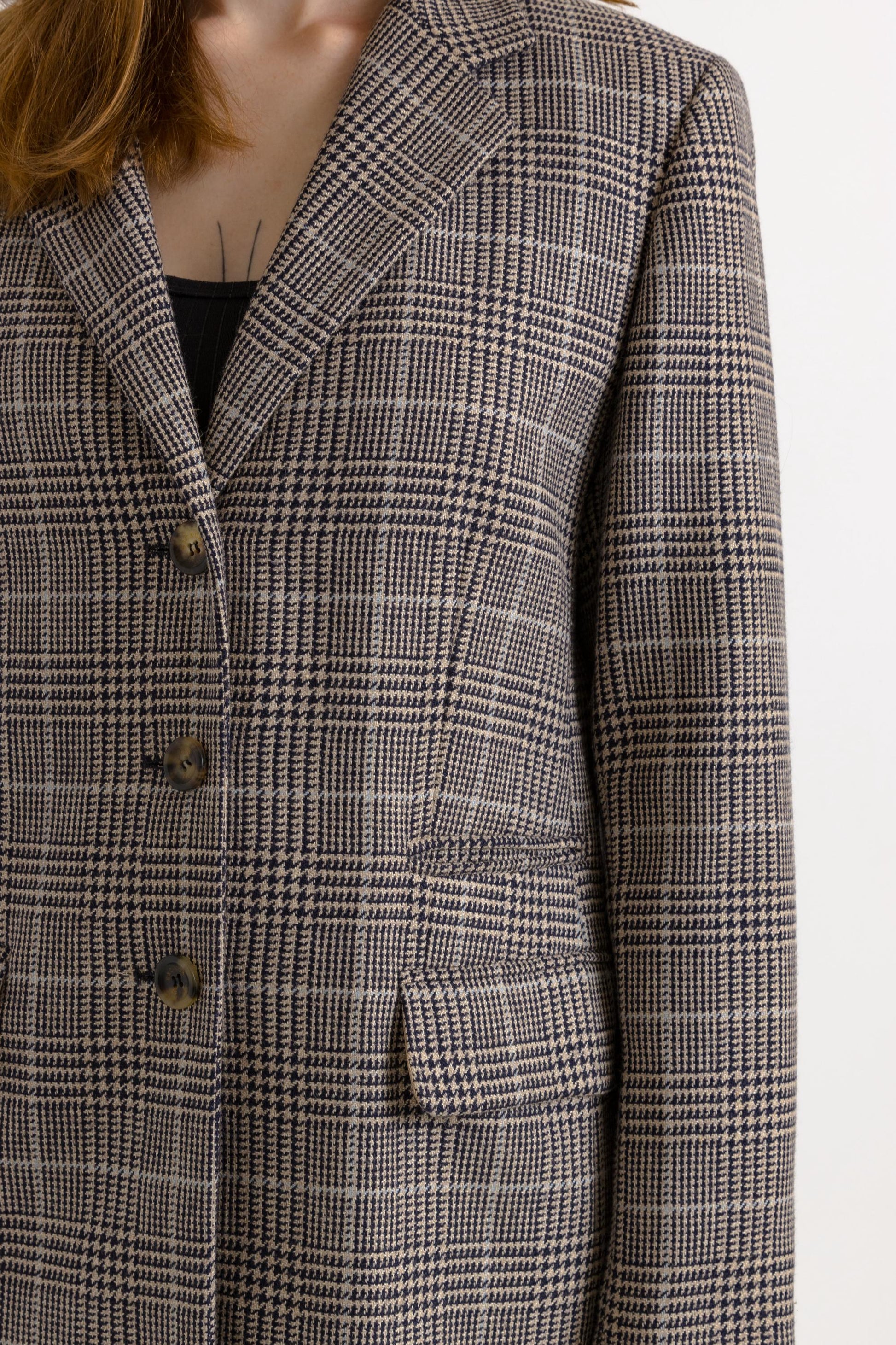 80s Vintage ESCADA Sport Checked Wool Schurwool Blazer Lined Buttons Up Long Sleeve Jacket. Vintage Woman Wool Blazer