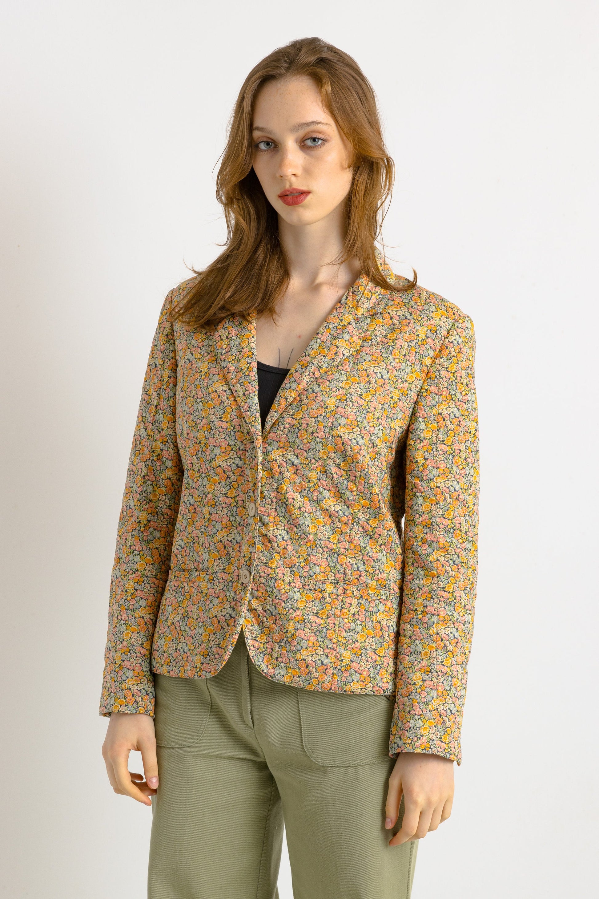 Vintage 90s Bogner Quilted Cropped Buttons Blazer | Made in Germany| 1990s Bogner Designer Floral Print Jacket