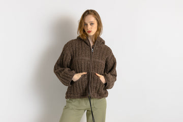 70s Vintage Nepal Handknitted Wool Sweater Knitwear Zip Fastens with a Hood Handmade Woman Medium Size Pullover