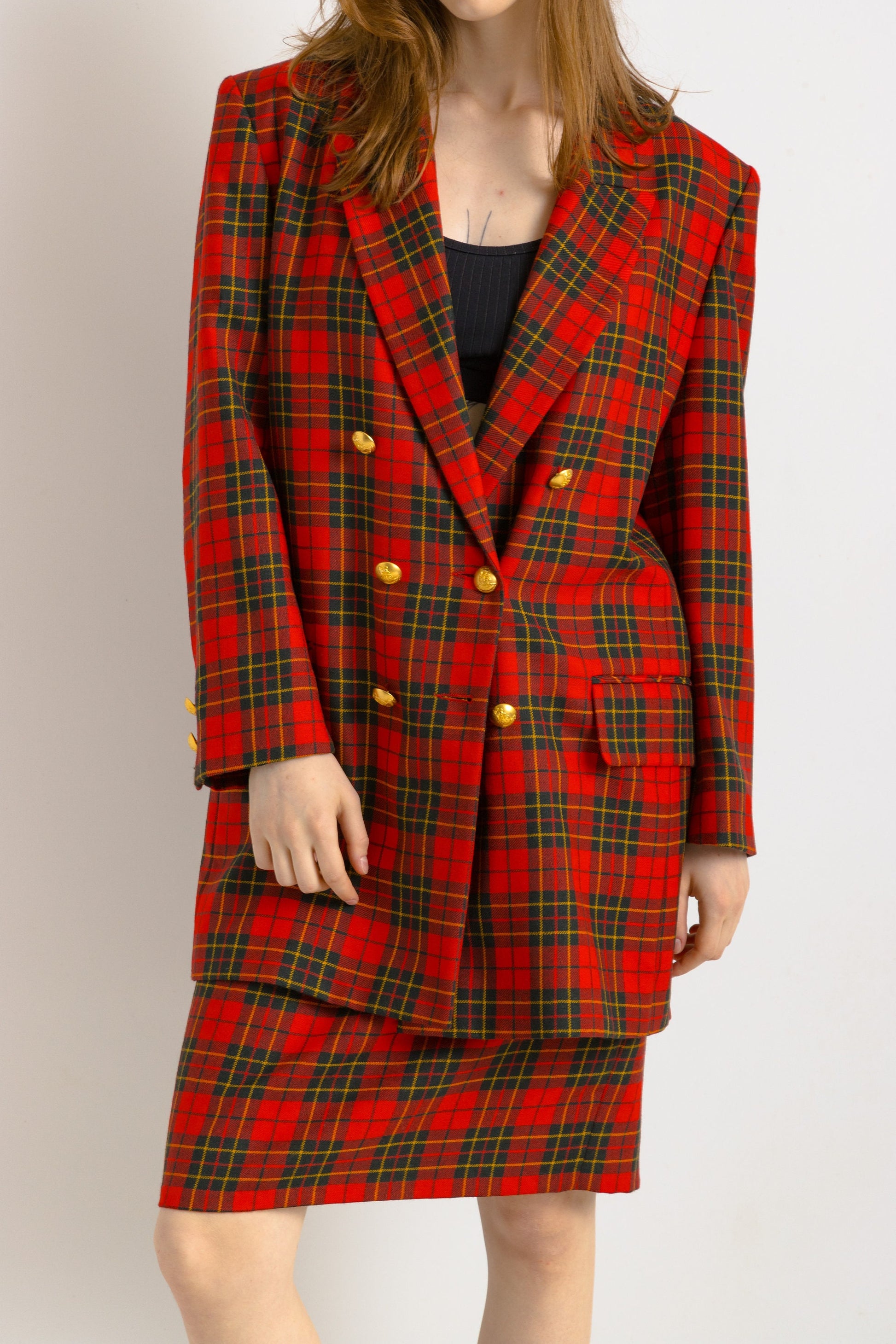 80s Vintage All in One Woman Red Checked Suit High Waisted Skirt and Long Sleeves Blazer size Small Medium/ Vintage Woman Clothing