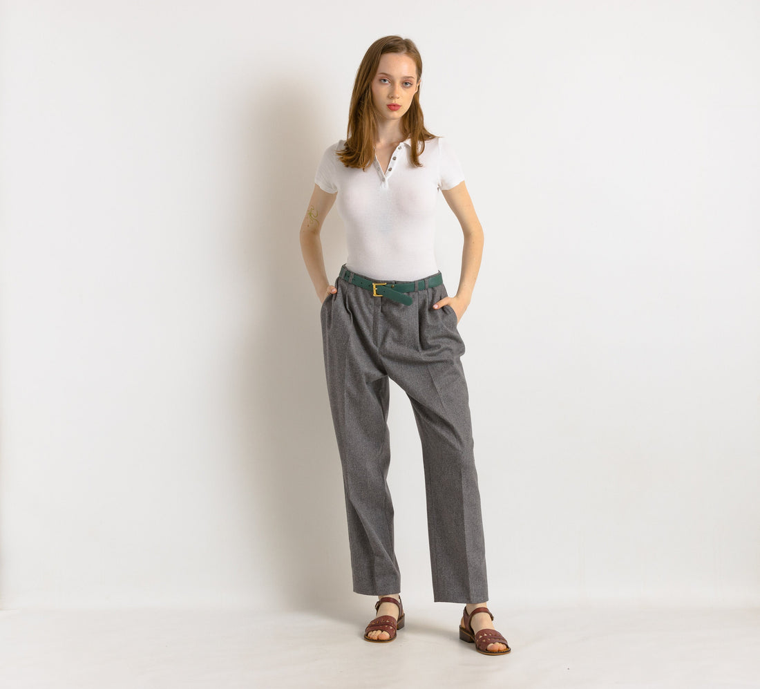 1980s Vintage wool gray tapered pleated woman pants, 80s high waisted wool trousers