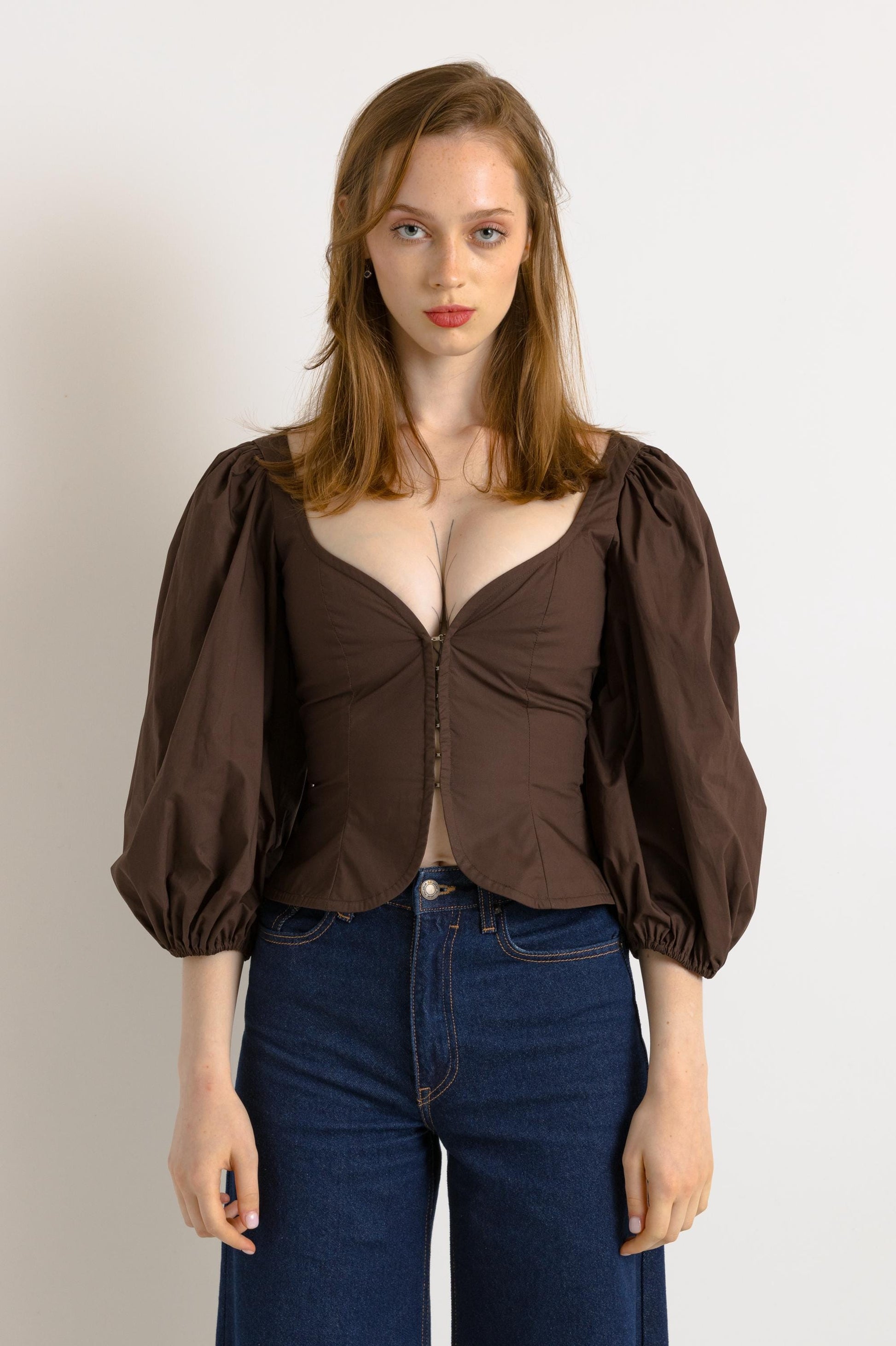 Woman Preloved BEARE PARK Cotton Australian Brown Crop Top Puff Sleeve Blouse size Small