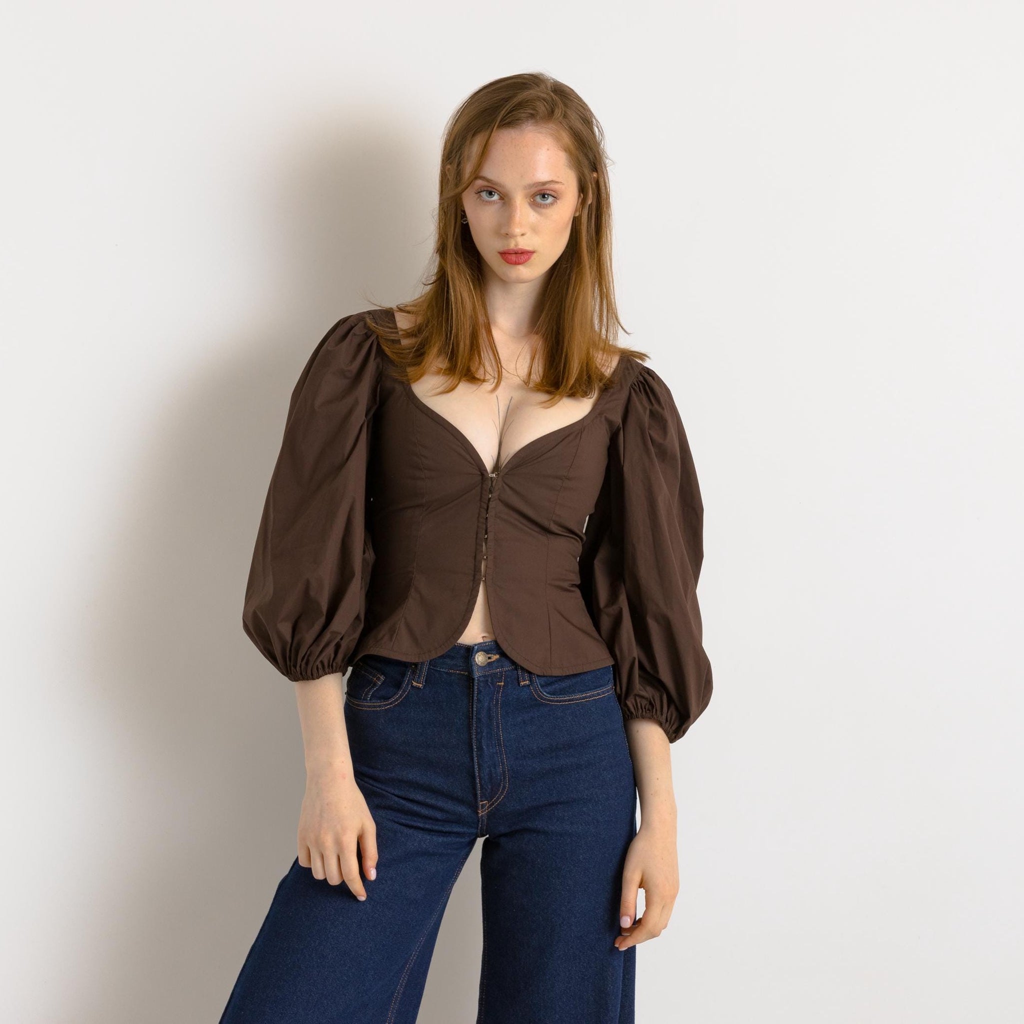 Woman Preloved BEARE PARK Cotton Australian Brown Crop Top Puff Sleeve Blouse size Small