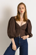 Woman Preloved BEARE PARK Cotton Australian Brown Crop Top Puff Sleeve Blouse size Small