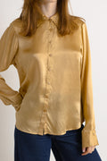 80s Vintage Silk Blouse, Vintage Gold Oversized Long Sleeve Silk Top, Gold Silk Blouse, Oversized Button Up