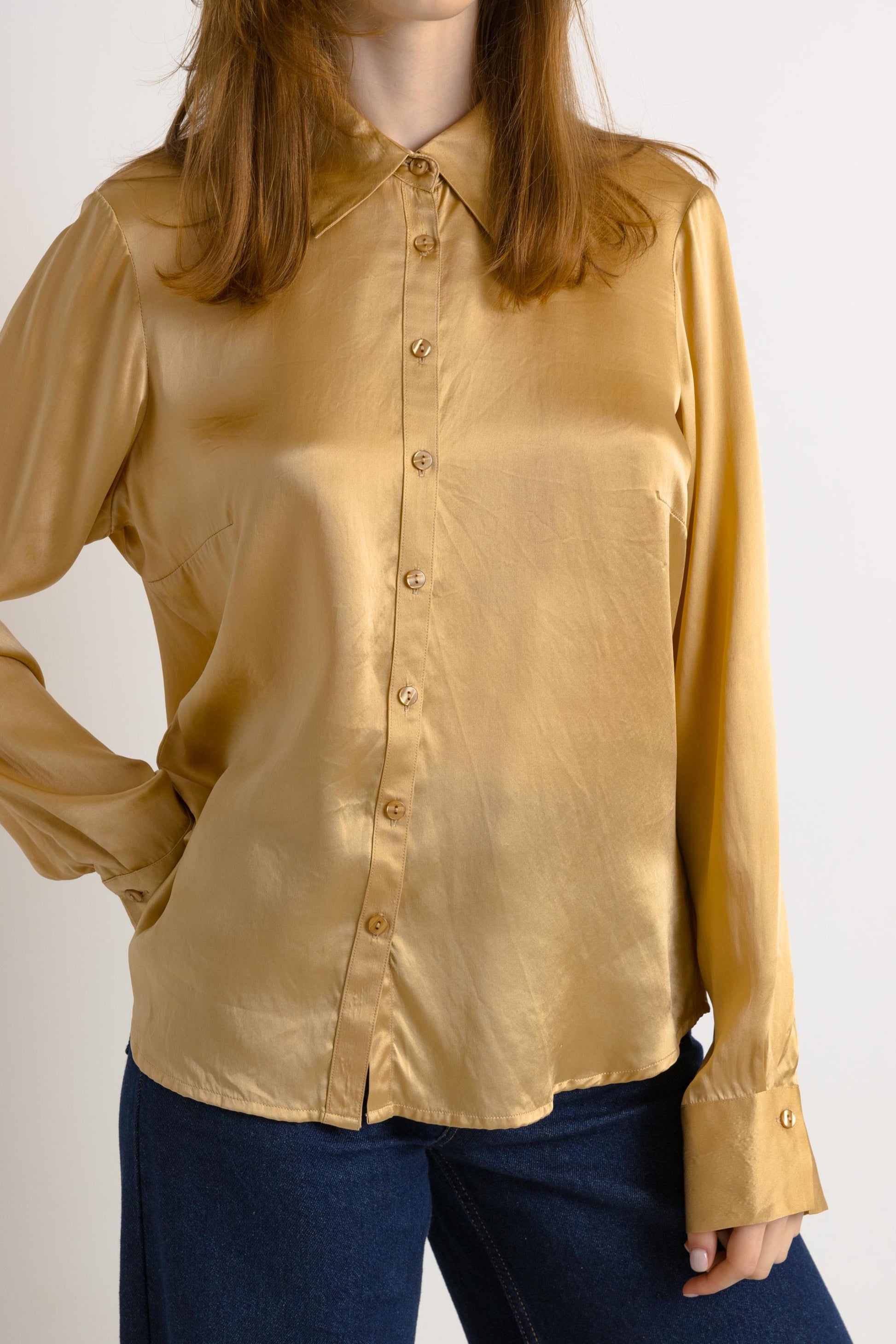 80s Vintage Silk Blouse, Vintage Gold Oversized Long Sleeve Silk Top, Gold Silk Blouse, Oversized Button Up