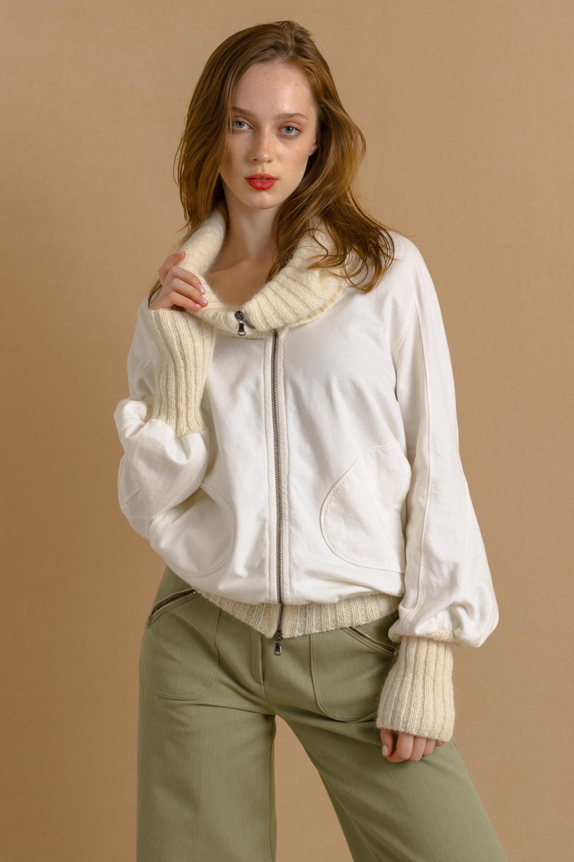 PATRIZIA PEPE - Vintage Woman Preloved White Turtleneck Puff Sleeve Zip Fastens Cardigan Jacket