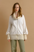 PATRIZIA PEPE - Vintage Woman Preloved White Turtleneck Puff Sleeve Zip Fastens Cardigan Jacket