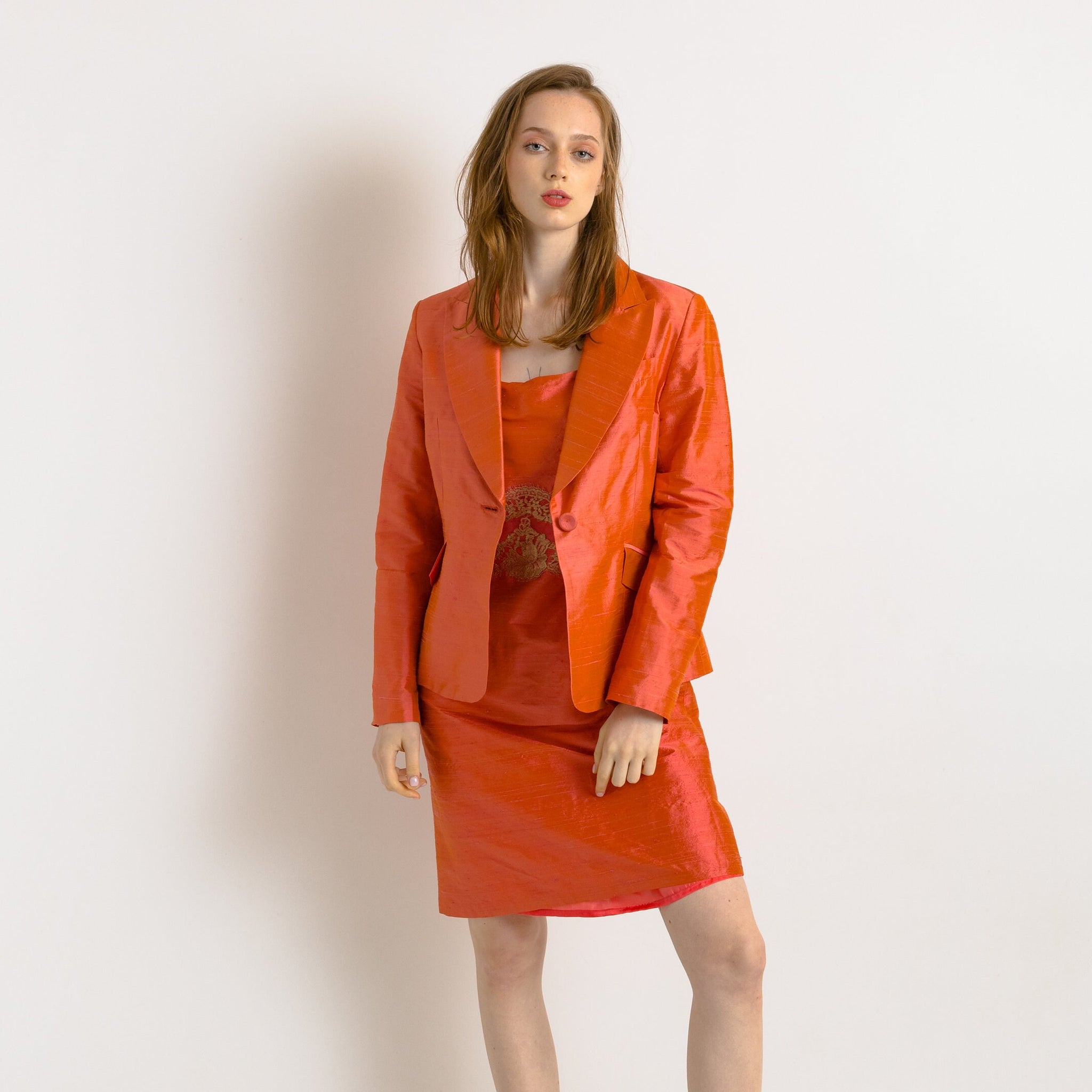 90s Vintage All in One Woman Orange Silk Mini Dress and Long Sleeves Blazer Jacket size S Small/ Vintage Woman Clothing